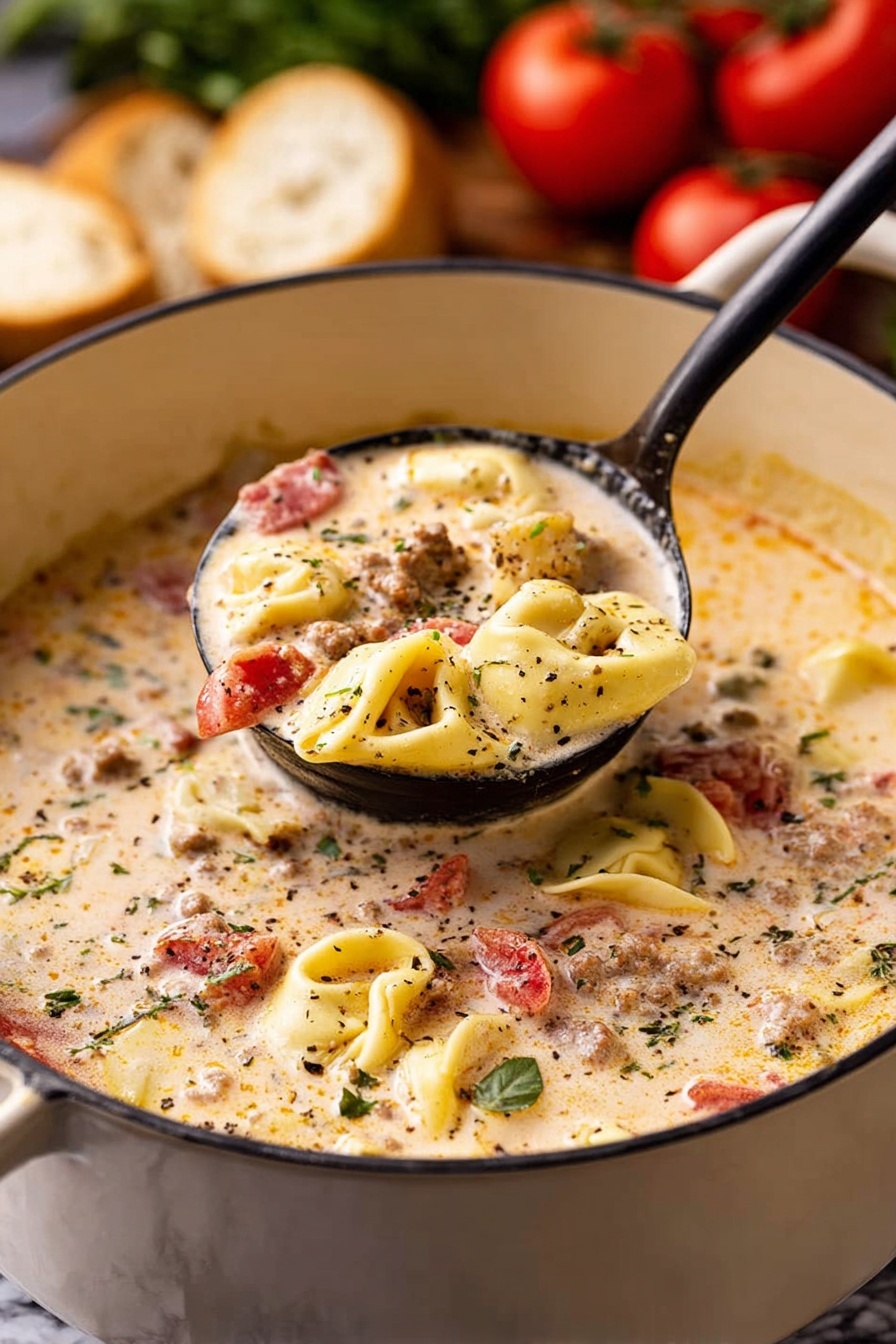 Sausage Tortellini Soup, easy sausage tortellini soup, creamy sausage tortellini soup, hearty sausage pasta soup, quick weeknight dinner soup - A big white pot filled with creamy soup shows many layers inside: soft yellow tortellini pasta, juicy red tomato pieces, and small brown meat bits mixed in a thick white cream base with green herb bits and sprinkled black pepper on top. A black ladle lifts a spoonful of this soup, showing the layers clearly against the white marbled surface background. Some bread and ripe red tomatoes appear blurred in the back. Photo taken with an iphone --ar 2:3 --v 7