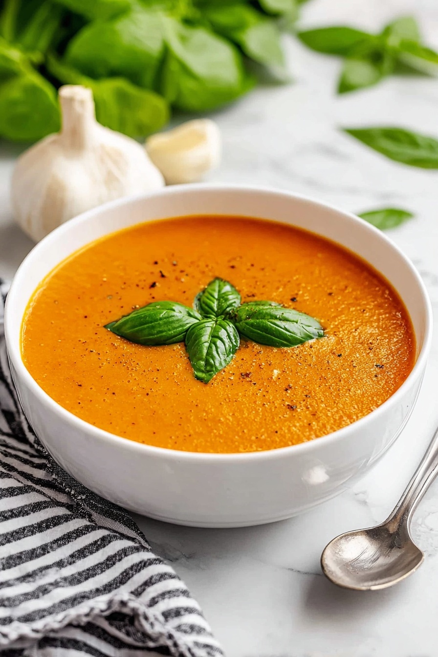Easy Tomato Basil Soup, Tomato Basil Soup, Homemade Tomato Soup, Fresh Basil Soup, Simple Tomato Soup Recipe - A white bowl filled with smooth orange soup that has a slightly speckled texture, topped with three fresh green basil leaves in the center. The bowl sits on a white marbled surface, with two whole garlic bulbs placed to the left. On the right side of the bowl, there is a shiny silver spoon resting on the marbled surface. In the background, blurred green leafy vegetables and a black and white striped cloth are visible. The photo taken with an iphone --ar 2:3 --v 7