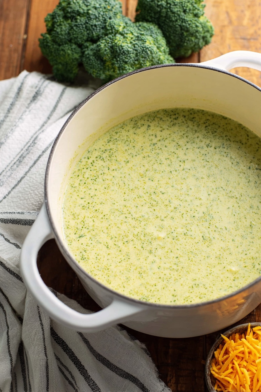 Cream of Broccoli Soup, Broccoli Soup Recipe, Easy Broccoli Soup, Healthy Creamy Soup, Vegetarian Broccoli Soup - A large white pot filled with creamy, light green broccoli soup with tiny bits of broccoli visible in the smooth texture. The pot has two white handles and sits on a wooden surface. Around the pot there are fresh dark green broccoli heads on the left and a small pile of shredded orange cheese on the right. A white and black striped cloth is draped casually behind the pot. Photo taken with an iphone --ar 2:3 --v 7