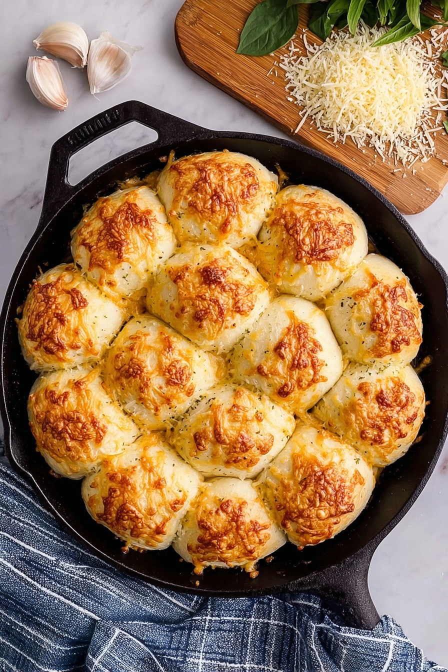 Cheesy Garlic Butter Pull Apart Rolls, cheesy garlic bread ideas, soft bread rolls with cheese and garlic, homemade pull apart bread recipes, easy cheesy bread rolls - In a black skillet, there are twelve golden-brown bread rolls arranged closely in a circle, each roll topped with melted and browned cheese, showing some uneven crispy textures. The dough looks soft with a light crust, and the cheese adds a slightly rough texture on top of each roll. Around the skillet, there is a wooden board with grated cheese and a green leafy herb in the upper right corner. On the white marbled surface, near the skillet handle, there is a bulb of garlic with some cloves separated. A blue and white striped cloth is placed near the bottom edge. Photo taken with an iphone --ar 2:3 --v 7
