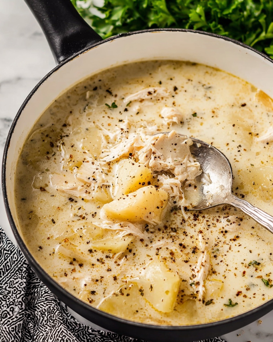 Southern Style Chicken and Dumplings, chicken and dumplings recipe, comforting Southern chicken dish, homemade chicken and dumplings, easy chicken soup with dumplings - A close-up image shows a white pot filled with creamy soup that has light beige color and a smooth, thick texture. A metal ladle lifts a portion of the soup, filled with soft, pale noodles and small bits of meat, all coated in the creamy broth. The soup surface has black pepper sprinkled on top, adding specks of contrasting color. In the background, a bunch of fresh green parsley adds a pop of vibrant color next to the pot, which sits on a white marbled surface. Photo taken with an iphone --ar 2:3 --v 7