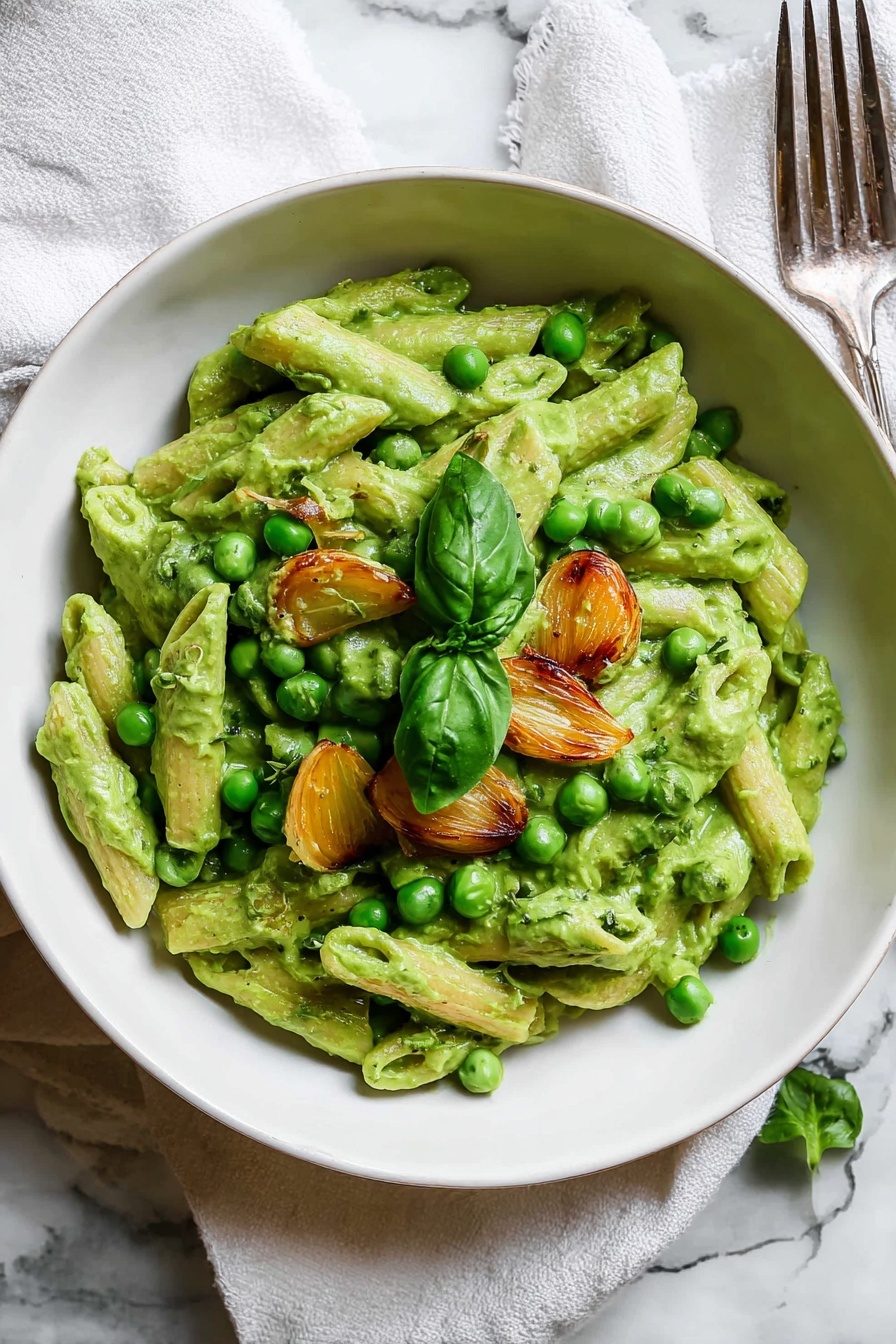 Green Pea Pasta with Basil and Silken Tofu, healthy green pea pasta recipe, vegan pasta with tofu, easy plant-based pasta dish, quick vegetarian pasta dinner - A white round bowl filled with penne pasta covered in a thick, creamy green sauce. On top, there are bright green peas, small pieces of golden-brown roasted garlic, and a few fresh basil leaves in the center. The bowl is placed on white marbled texture with a silver fork resting nearby on a white cloth. Photo taken with an iphone --ar 2:3 --v 7