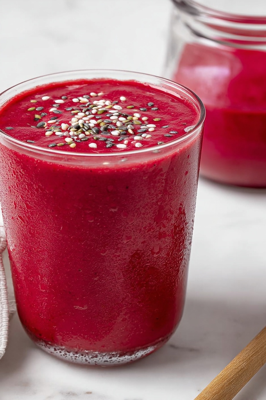 Banana Beet Smoothie, healthy beet smoothie, nutritious fruit smoothie, vibrant green smoothie, easy smoothie recipes - A close-up of a thick bright red smoothie in a clear glass, filled almost to the top. The smoothie has a smooth texture and is sprinkled with small white, black, and green seeds on the surface. Behind the glass, there is a clear round container filled with the same red smoothie. Both are placed on a white marbled surface, and a wooden spoon handle is visible in the corner. The glass has condensation drops on the outside, showing it is cold. photo taken with an iphone --ar 2:3 --v 7