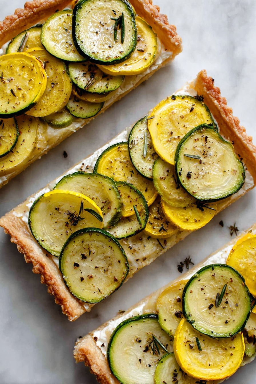 Zucchini and Yellow Squash Tart with Balsamic Drizzle, Summer Vegetable Tart, Easy Vegetable Tart Recipe, Savory Zucchini Tart, Balsamic Drizzle Tart - Four long, narrow tarts are placed side by side on white parchment paper over a white marbled surface. Each tart has a thick golden-brown crust with a slightly raised edge. Inside, there is a creamy white base topped with two layers of thinly sliced yellow and green zucchini pieces that slightly overlap each other lengthwise. The zucchini slices have light grill marks and are sprinkled with small bits of green herbs and black pepper. The tarts have some small browned spots and a rustic, homemade look. Photo taken with an iphone --ar 2:3 --v 7