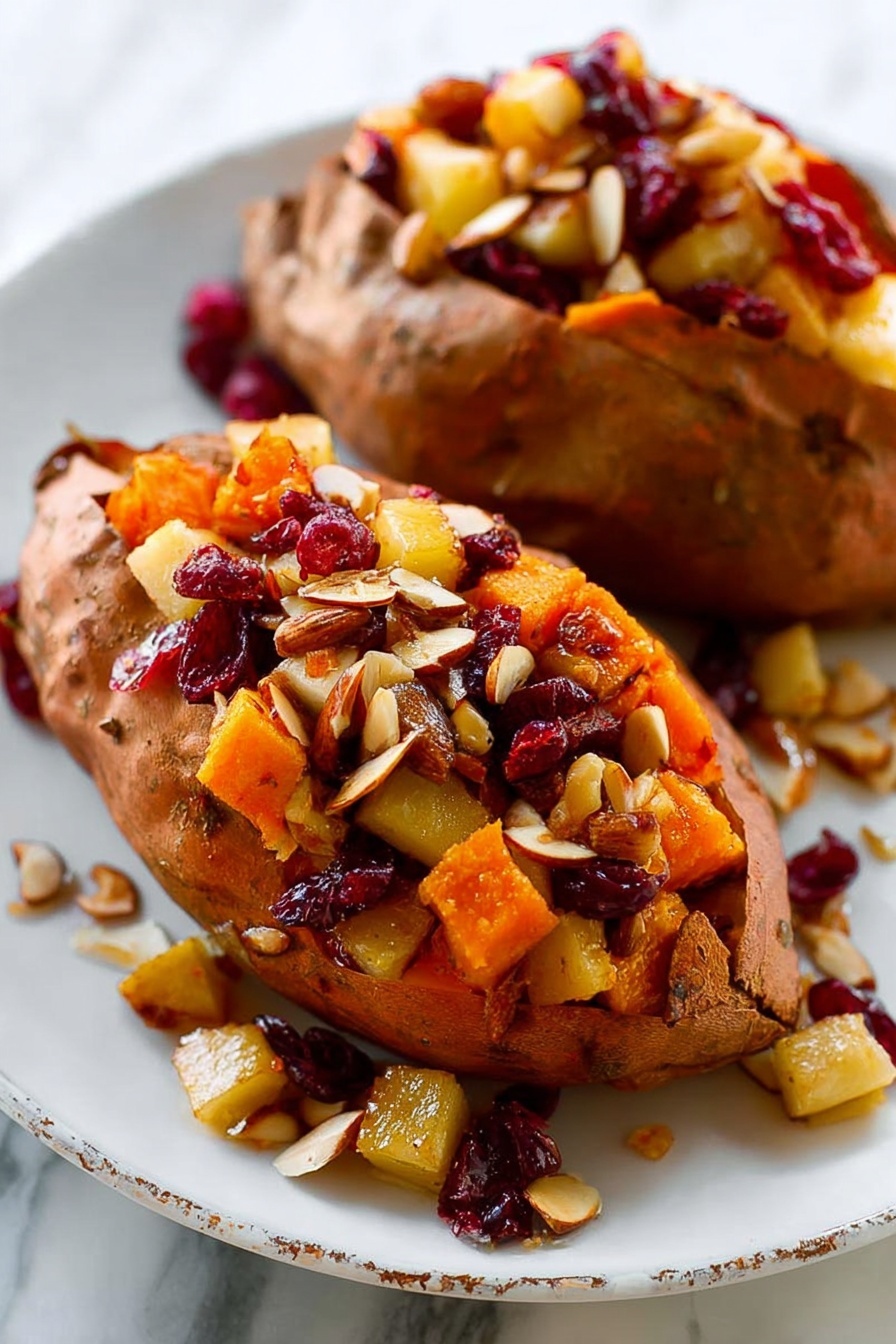 Cranberry Apple Twice-Baked Sweet Potatoes, baked sweet potato side dish, holiday sweet potato recipes, tangy cranberry sweet potatoes, easy autumn vegetable side - Two baked sweet potatoes sit on a white plate with a slightly cracked texture. Each sweet potato is opened and filled with a colorful mix of diced golden apples, deep red cranberries, and slivered almonds. The filling looks moist and slightly shiny, with some of the mixture spilling around the plate. The sweet potatoes have a soft, wrinkled orange skin with dark spots, showing a cooked texture. The background shows a white marbled surface. photo taken with an iphone --ar 2:3 --v 7