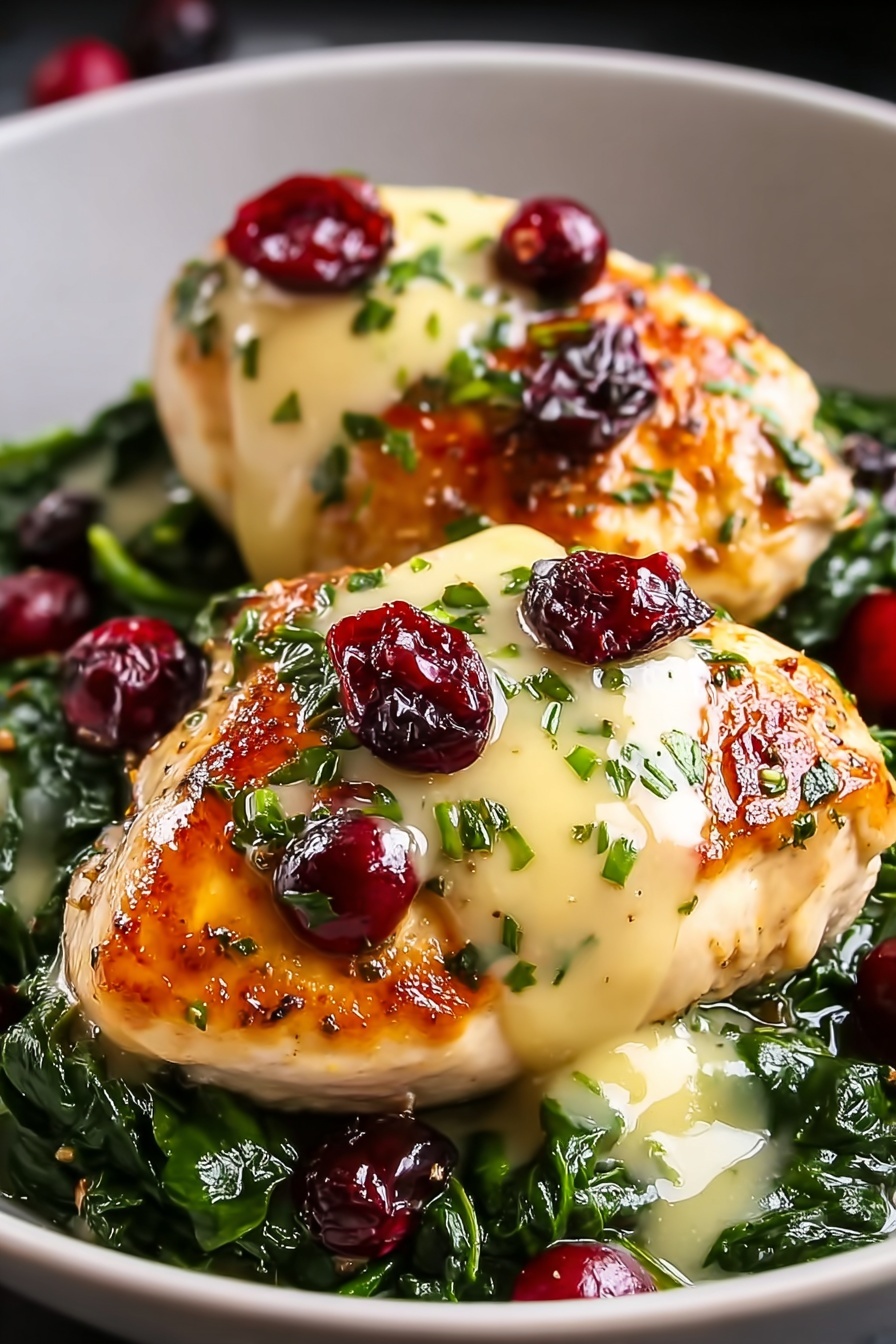 Cranberry & Spinach Stuffed Chicken Breasts with Brie, stuffed chicken breast recipes, easiest stuffed chicken, elegant chicken dinner ideas, quick holiday chicken dishes - Two pieces of golden brown chicken are placed on a bed of dark green cooked spinach in a white bowl. Each piece of chicken is topped with a creamy pale yellow sauce, sprinkled with chopped green herbs and dotted with shiny red cranberries. The chicken looks juicy and tender, contrasting with the soft texture of the spinach. The dish is shiny with some light reflecting on the sauce and cranberries, all set on a white marbled surface. photo taken with an iphone --ar 2:3 --v 7