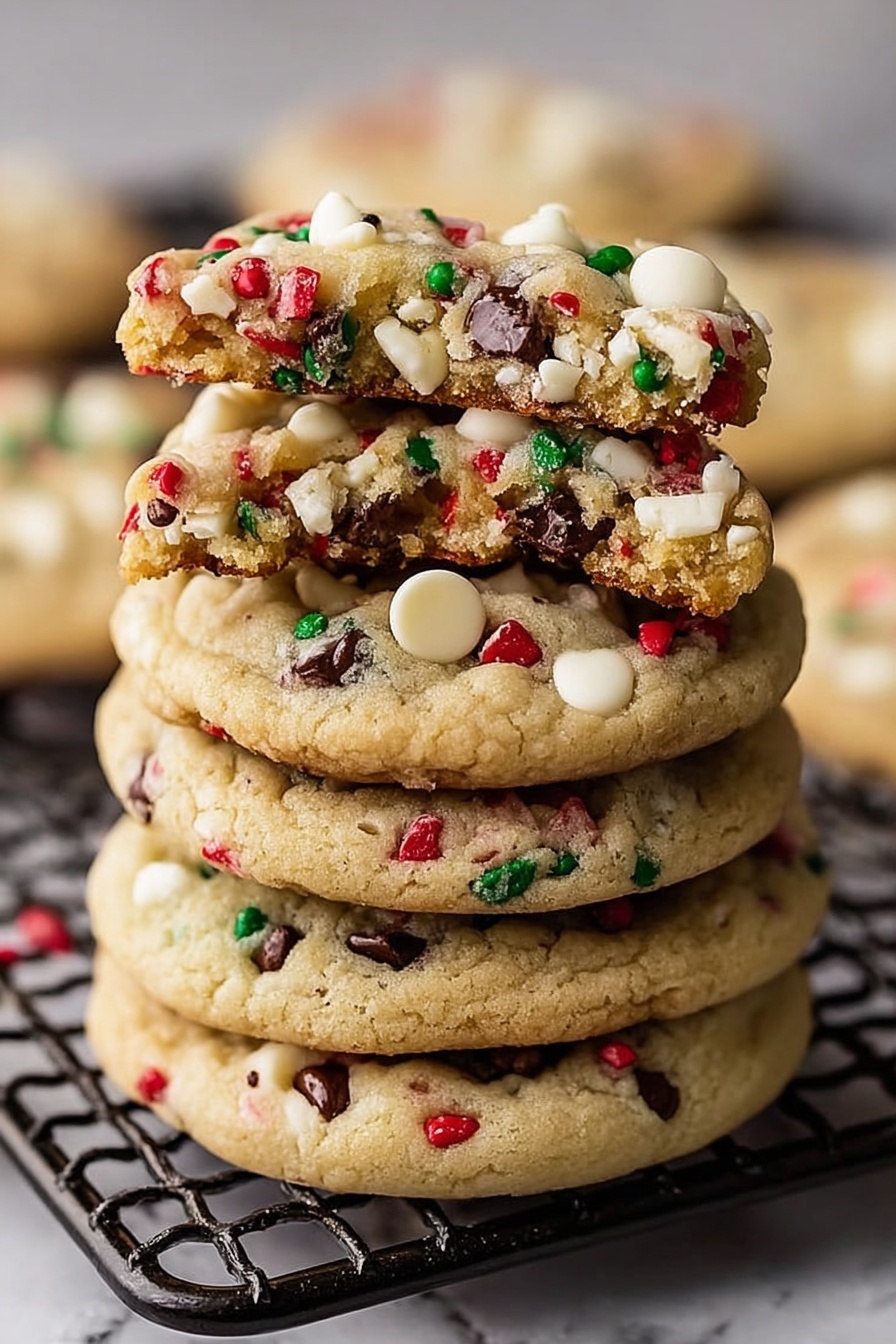 Winter Wonderland Chocolate Chip Cookies, festive holiday cookies, peppermint chocolate cookie recipe, chewy chocolate chip cookies with peppermint, holiday cookie ideas - A tall stack of five round cookies with a light golden brown dough base, each cookie filled with a mix of white chocolate chunks, small dark chocolate chips, and tiny red and green candy pieces spread evenly on top and inside. The top cookie has a bite taken from its upper edge, showing the soft, dense texture inside dotted with chocolate and candy bits. The cookies have a slightly rough but soft surface with some cracks. The stack sits on a black metal cooling rack with a white marbled background. photo taken with an iphone --ar 2:3 --v 7