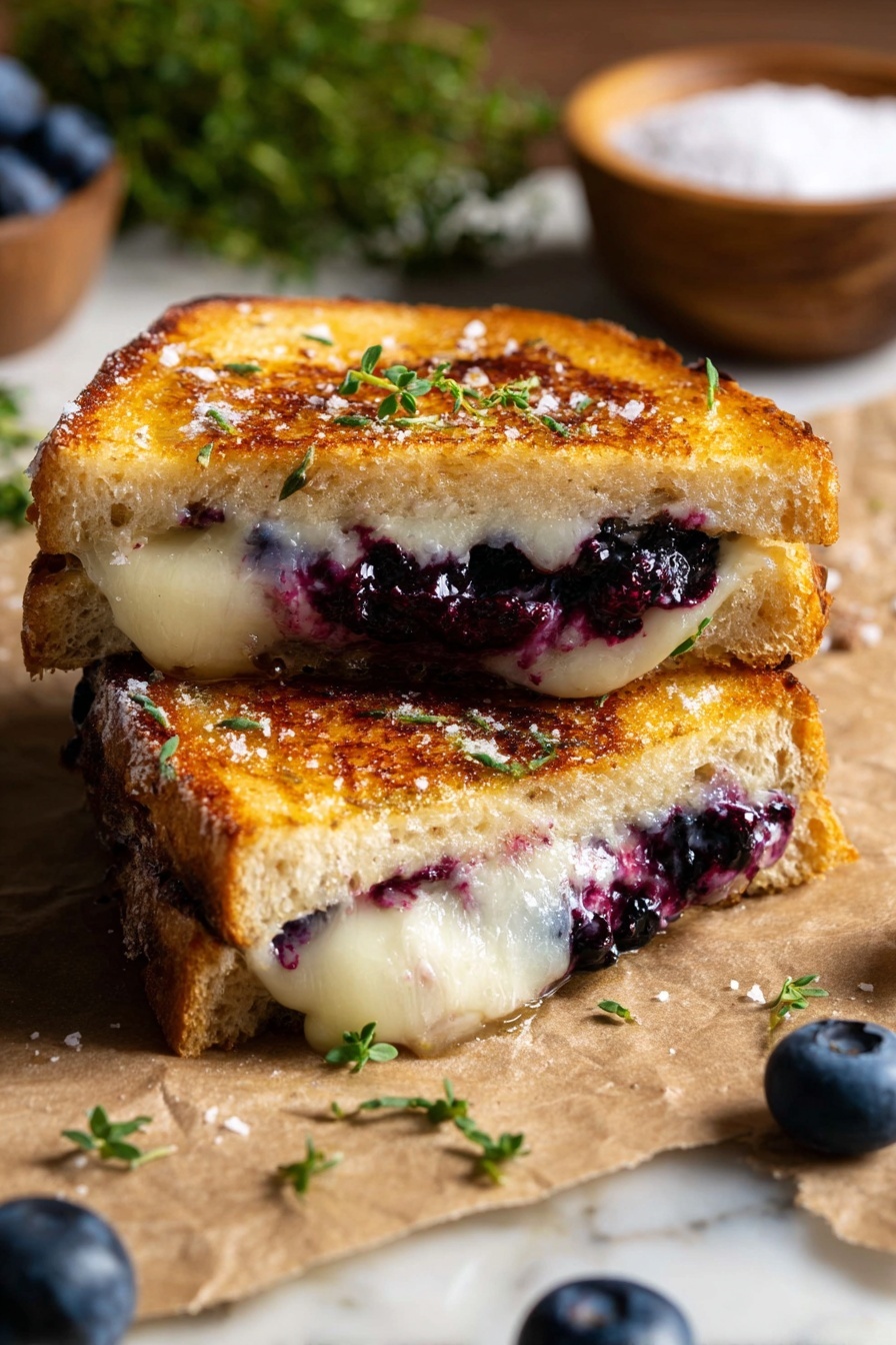 Blueberry White Cheddar Grilled Cheese, gourmet grilled cheese, blueberry cheese sandwich, savory fruit grilled cheese, easy cheesy sandwiches - The image shows a close-up of a grilled sandwich cut into two halves on brown paper over a white marbled surface. Each sandwich half has two layers: a golden-brown toasted bread layer on the top and bottom, with a melted white cheese layer in the middle mixed with dark purple blueberry filling. The top bread has a slight crunch with visible salt flakes and small green herb leaves on it. Around the sandwich, there are whole blueberries and some fresh green herbs scattered, with a small wooden bowl filled with salt in the blurred background. The photo is taken with an iphone --ar 2:3 --v 7