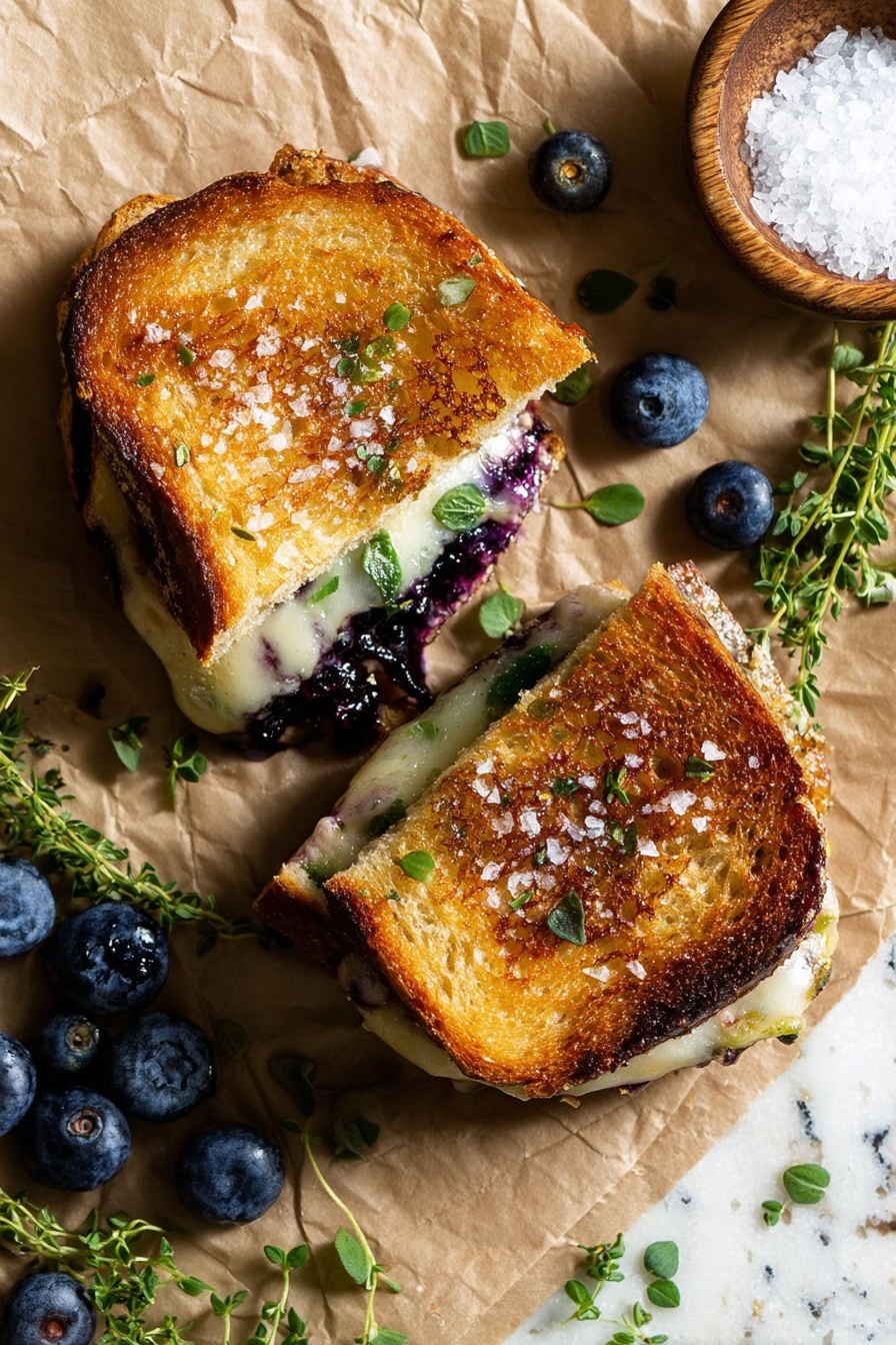Blueberry White Cheddar Grilled Cheese, gourmet grilled cheese, blueberry cheese sandwich, savory fruit grilled cheese, easy cheesy sandwiches - A sandwich is cut into two pieces and placed on brown paper, with toasted golden-brown bread on top showing some melted white cheese and dark purple filling peeking out from inside. The sandwich is sprinkled with small green herb leaves and flaky white salt on top. Around the sandwich are fresh blueberries and sprigs of green herbs. To the upper right, there is a small round wooden bowl filled with coarse salt. The background is a white marbled texture. photo taken with an iphone --ar 2:3 --v 7