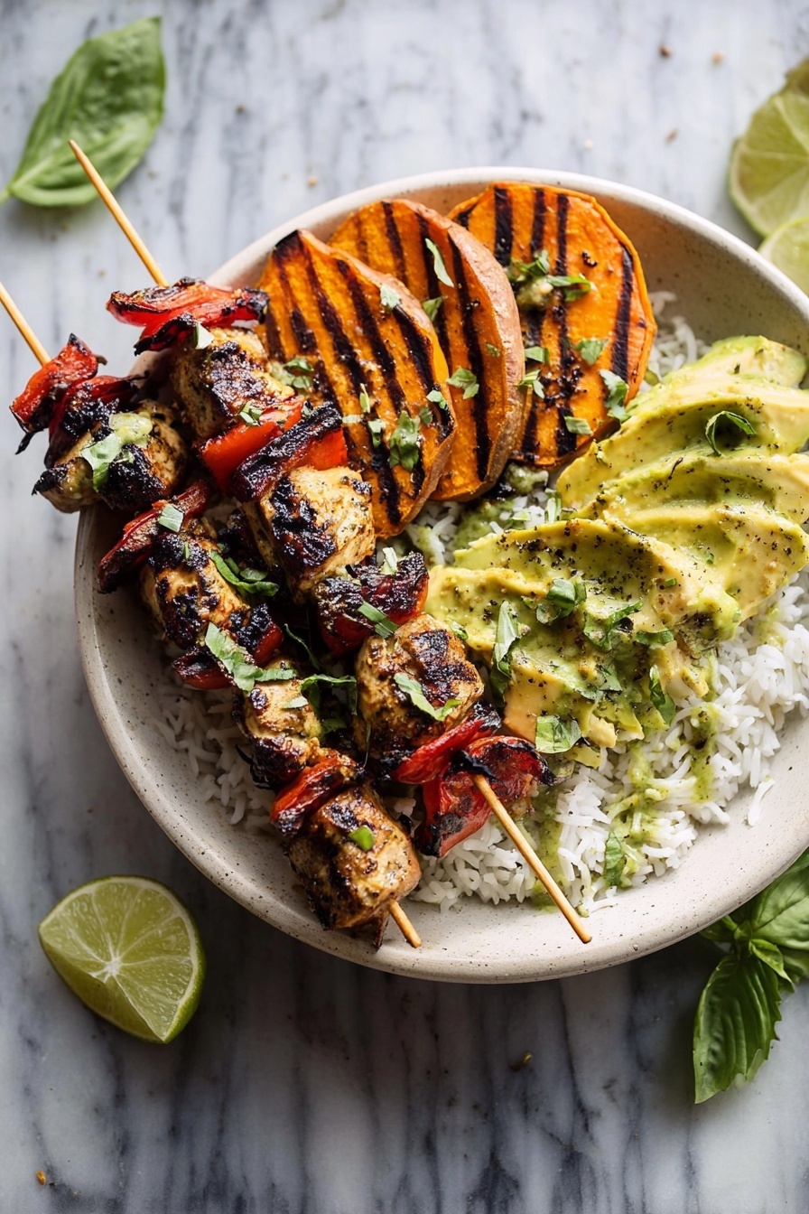 Grilled Chili Lime Honey Chicken, Chili Lime Honey Chicken with Sweet Potatoes and Avocado Salsa, healthy grilled chicken recipes, flavorful chicken dinner, easy summer chicken recipes - A white bowl shows a meal with three main layers. The bottom layer is white cooked rice that fills the bowl. Above the rice, two wooden skewers hold grilled pieces of chicken and red bell pepper, both having a slightly charred texture and mixed brown and red colors. On the left side on top of the rice, there are thick grilled sweet potato slices in orange with grill marks and sprinkled green herbs. On the right side, there are slices of yellow-green avocado with a light green sauce and small bits of green herbs on top. The dish is garnished with fresh green basil leaves. The bowl sits on a white marbled surface, and there are some lime halves placed nearby. Photo taken with an iphone --ar 2:3 --v 7