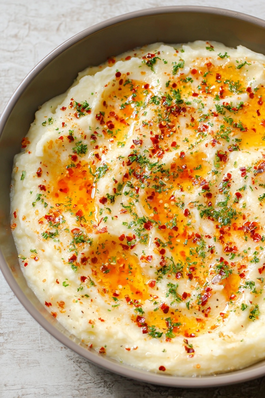 Vegan Brie Dip with Pepper Jelly, vegan cheese dip, plant-based party dip, dairy-free cheese appetizer, easy vegan dip - The image shows a pan filled with creamy mashed potatoes as the thick, smooth bottom layer, pale off-white in color. On top, there are scattered patches of melted golden-orange butter that form small pools with a shiny, oily texture. Sprinkled over everything are small, evenly spread red chili flakes and finely chopped green herbs, adding a contrast of red and green specks against the creamy white base. The pan is a neutral gray, and the surface underneath has a white marbled texture. photo taken with an iphone --ar 2:3 --v 7