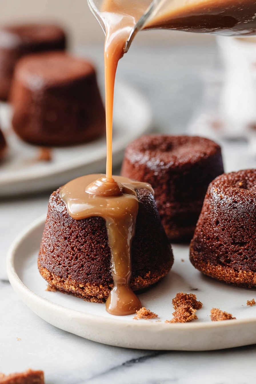Sticky Toffee Pudding with Warm Toffee Sauce, moist toffee pudding recipe, easy sticky toffee dessert, warm toffee sauce recipe, comforting caramel pudding - A group of four small, round, dark brown cakes sit on a white plate on a white marbled surface. The closest cake is in the middle and has a thick light brown sauce being poured over it from a clear glass jug, with the sauce dripping down the sides. The texture of the cake looks soft and spongy. The other three cakes are whole, showing more of the rough cake texture. Small crumbs are scattered lightly on the plate near the cakes. The background is softly blurred, keeping focus on the cakes and sauce. Photo taken with an iphone --ar 2:3 --v 7