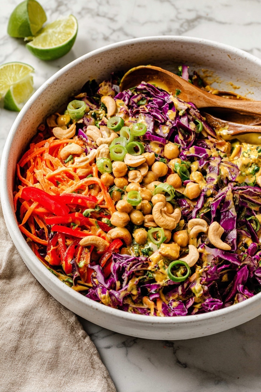 Chopped Thai-Inspired Chickpea Salad with Curry Peanut Dressing, Thai chickpea salad, healthy chickpea salad recipe, vegan Thai salad, quick Asian chickpea salad - A large white bowl filled with a colorful salad shows many layers and textures. The bottom layers are shredded bright purple cabbage and thin orange carrot strips spread all over. On top, there are slices of green onion rings, whole beige chickpeas, and white cashew nuts scattered through the salad. Small green herb bits are mixed in, and pieces of bright red bell pepper add more color. The salad looks lightly dressed with a yellowish sauce. Two wooden spoons are partly in the bowl, resting on the salad. A wedge of lime and some extra green onion rings sit on a white marbled surface beside the bowl. Photo taken with an iphone --ar 2:3 --v 7