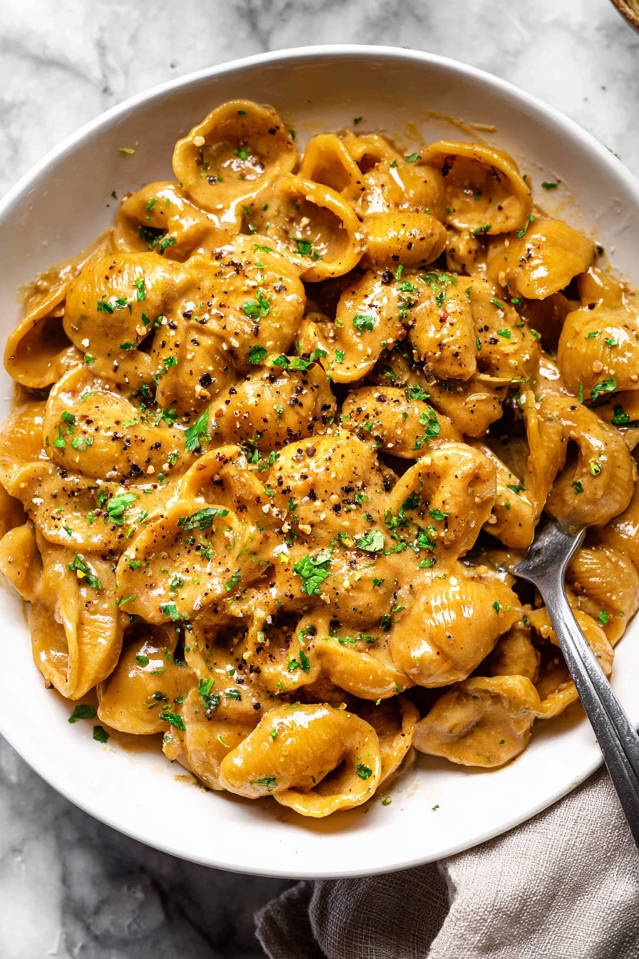 French Onion Pasta with Gruyere, French onion pasta, caramelized onion pasta, cheesy pasta recipes, easy French onion pasta - A white bowl filled with creamy pasta coated in a light brown sauce, the pasta pieces are round and shell-like in shape with smooth, glossy textures. The sauce covers each piece evenly, with small green herb flakes sprinkled on top as garnish, along with black pepper bits adding contrast. A silver spoon rests on the right side of the bowl, partially buried in the pasta. The bowl is set against a white marbled surface, with a soft, neutral cloth visible in the lower right corner. photo taken with an iphone --ar 2:3 --v 7