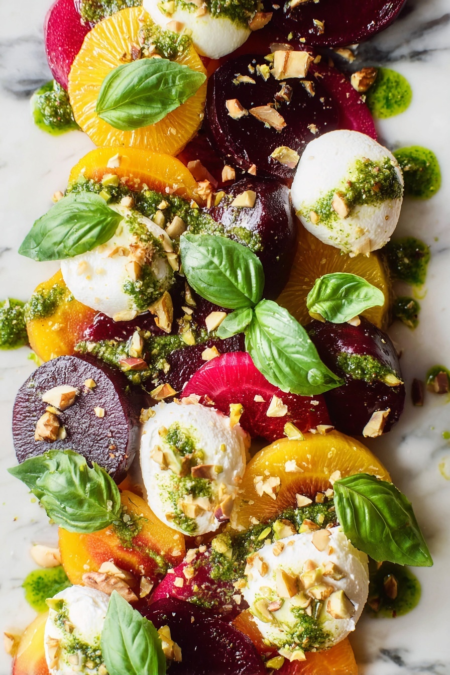 Roasted Beet and Burrata Salad, beet and burrata salad, healthy beet salad, citrus beet salad, gourmet beet salad - The dish shows a colorful mix of layers starting with slices of yellow and red beets covering the base, topped with soft white dollops of cheese spread in round shapes. On top of this, there are sections of bright red citrus pieces and dark purple beet slices scattered around. Green leaves of basil are placed evenly over the dish, alongside small dollops of a bright green sauce. Crushed nuts are sprinkled lightly all over, adding texture. The whole arrangement sits on a white marbled surface, and the photo was taken with an iphone --ar 2:3 --v 7