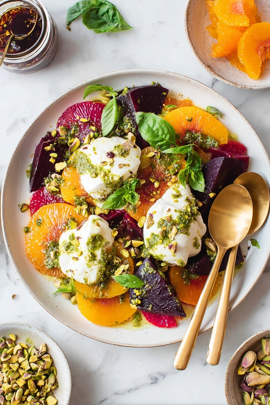 Roasted Beet and Burrata Salad, beet and burrata salad, healthy beet salad, citrus beet salad, gourmet beet salad - A white plate holds a colorful salad with three main layers: the bottom layer is made of orange and yellow sliced beets, and bright red citrus segments, arranged spread out and overlapping; on top of this are dark purple roasted beet wedges scattered across; then, three dollops of soft, white burrata cheese are placed evenly around the plate, slightly melted. The dish is drizzled with a rough green herb sauce over everything, and sprinkled with chopped pistachios and fresh basil leaves, adding texture and green color spots. Two gold spoons rest on the right side of the plate. The background is a white marbled surface with a small jar of sauce on the top left, a bowl with chopped pistachios on the bottom right, and citrus peel pieces scattered at the bottom. Photo taken with an iphone --ar 2:3 --v 7