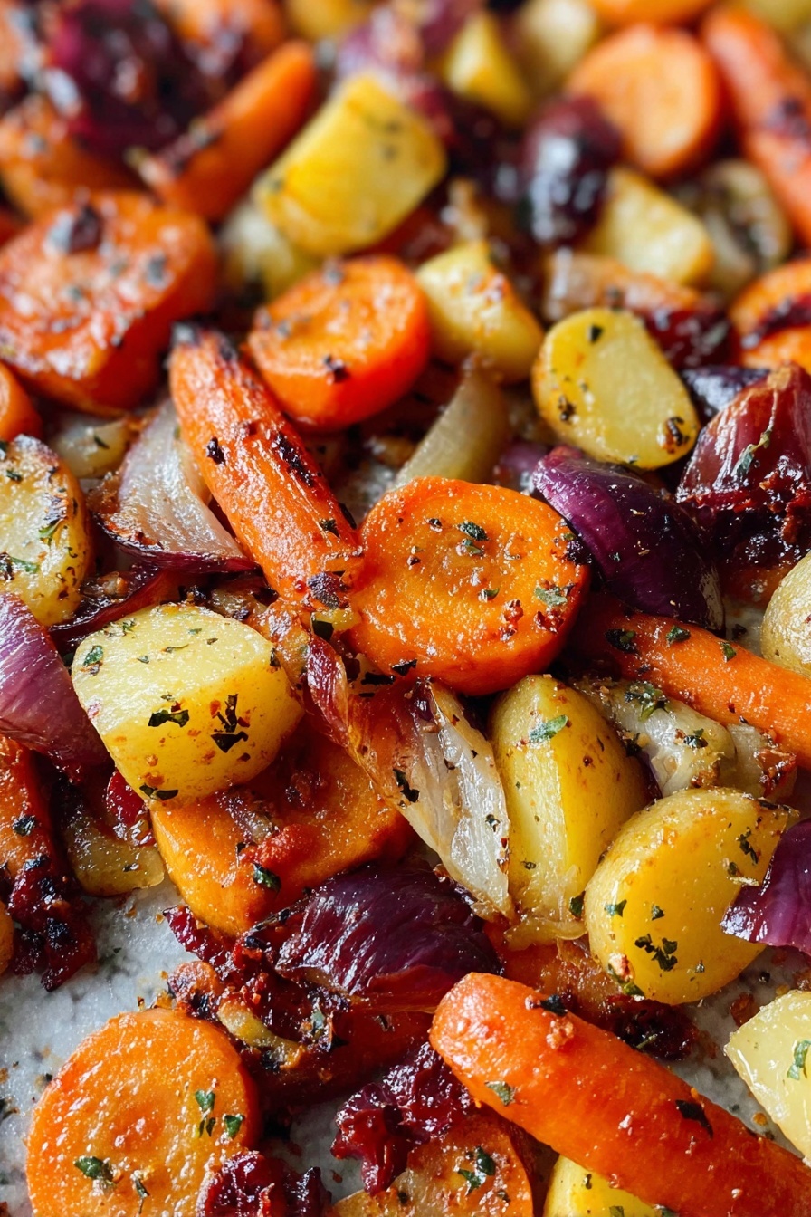 Maple Dijon Roasted Carrots and Apples, roasted carrots with maple and Dijon, fall side dishes with apples and carrots, easy roasted vegetable recipes, cozy autumn side dish - This close-up image shows a mix of roasted vegetables scattered on a white marbled surface, featuring orange carrot slices with some charred black spots, small yellow potato pieces, and purple-red onion chunks. The vegetables have a light shine from cooking oil and are sprinkled with herbs and seasoning, giving a textured and slightly crisp look. The colors are warm with a mix of vibrant orange, soft yellow, and deep reddish-purple tones blending together photo taken with an iphone --ar 2:3 --v 7