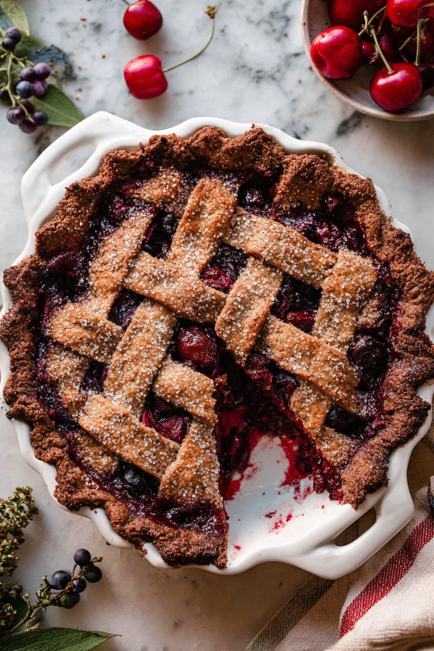 Chocolate Cherry Black Forest Pie, Black Forest Pie, Cherry Chocolate Pie, Black Forest Dessert, Chocolate Cherry Pie Recipe - A round cherry pie with a lattice top crust in a white baking dish with handles. The crust is deep brown and looks crispy with large sugar crystals on top. The filling underneath is bright and dark red with chunks of cherries visible through the gaps in the lattice. The dish sits on a white marbled surface with a couple of fresh cherries and some green and purple berries and leaves nearby. There is a slice partly removed, showing the juicy cherry filling inside. Photo taken with an iphone --ar 2:3 --v 7