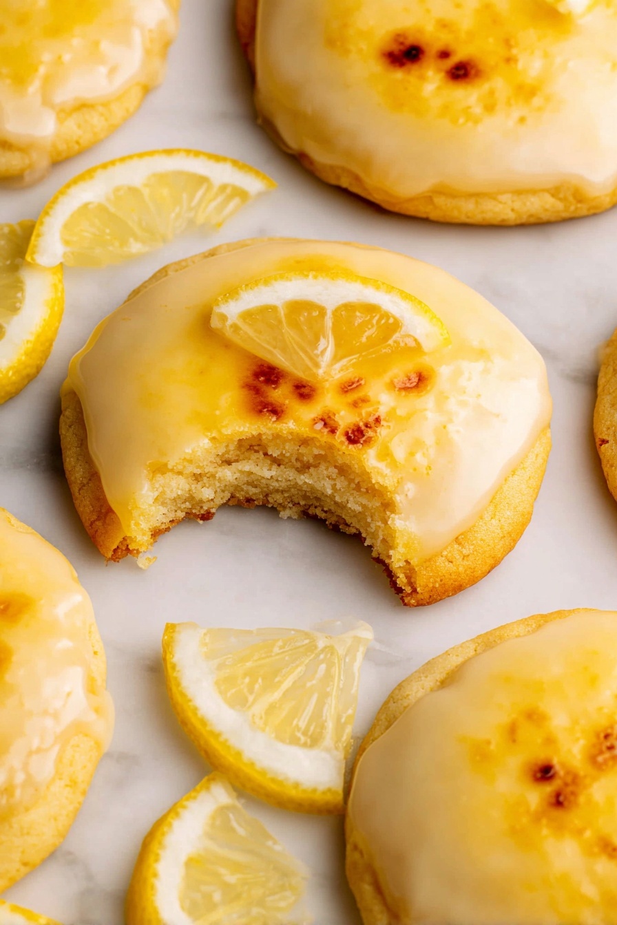 Lemon Crème Brûlée Cookies, Lemon Cookies with Burnt Sugar Topping, Easy Lemon Dessert Cookies, Homemade Lemon Pastry Cream Cookies, Elegant Lemon Cookie Recipe - The image shows several round lemon cookies with two layers: a smooth, slightly browned lemon glaze on top with small charred spots, and a soft, golden cookie base underneath; one cookie has a small wedge of lemon resting on the edge of the glaze, and another cookie is missing a bite, revealing the crumbly, pale yellow inside. Around the cookies, there are thin lemon slices with bright yellow rind and pale flesh. All the cookies and lemon slices are placed on a white marbled surface. photo taken with an iphone --ar 2:3 --v 7