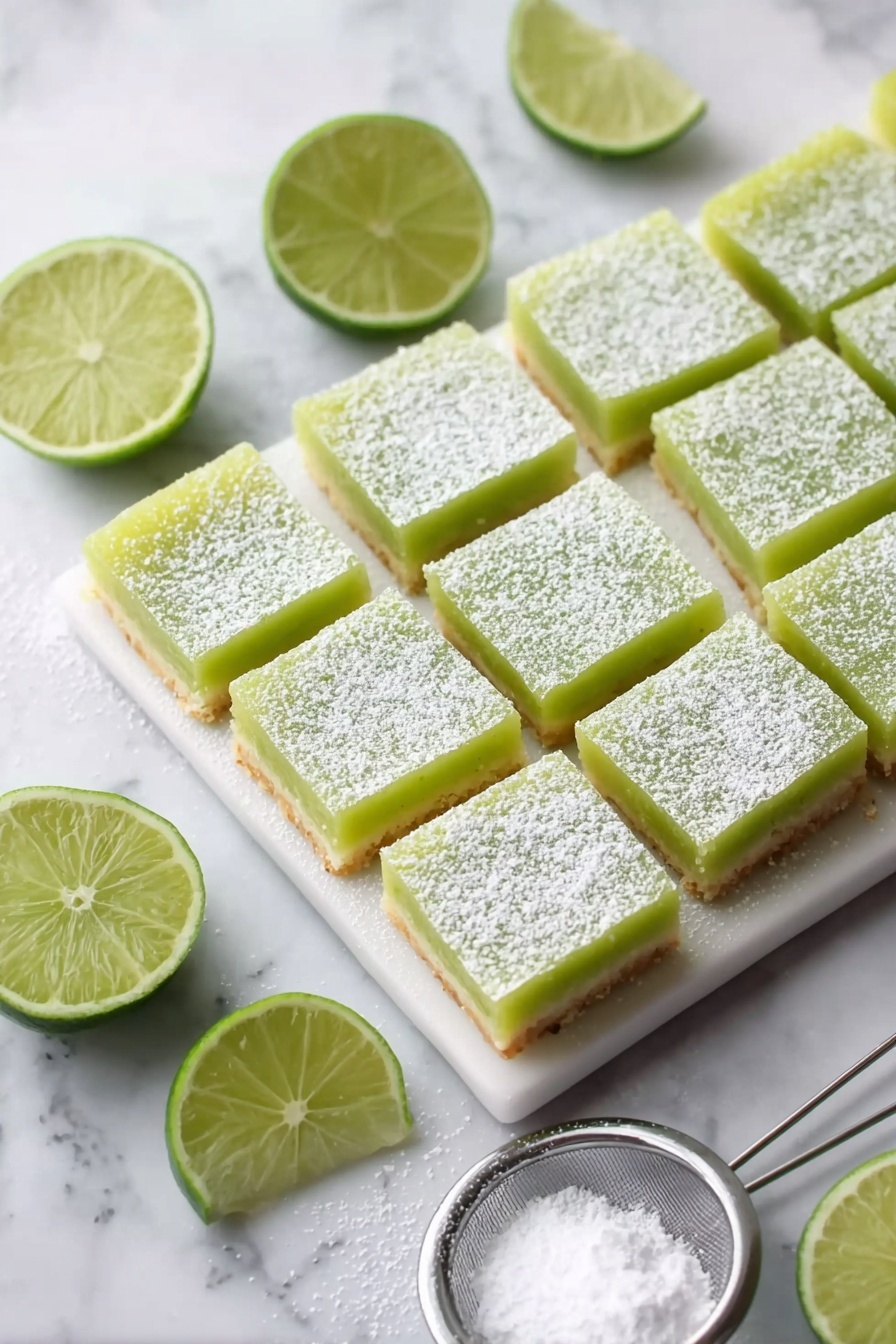 Lime Bars, Lime Bars Recipe, tangy lime dessert, citrus dessert bars, easy lime bar recipe - A white plate with a neatly arranged tray of lime squares, cut into small square pieces. The dessert has two layers: a thin golden brown crust at the bottom and a thick, smooth, light green lime filling on top. The lime layer is dusted lightly with powdered sugar. Around the plate are fresh lime wedges showing the bright green inside, and a small sieve with powdered sugar. The plate is placed on a white marbled surface. photo taken with an iphone --ar 2:3 --v 7