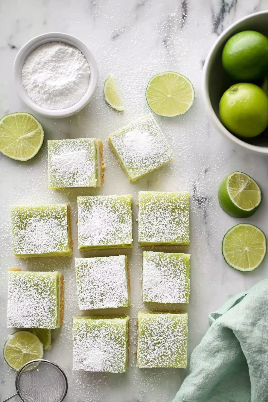 Lime Bars, Lime Bars Recipe, tangy lime dessert, citrus dessert bars, easy lime bar recipe - The image shows nine square lime bars arranged in three rows on a white marbled surface. Each bar has a light green layer with a dense texture, topped with a light dusting of white powdered sugar that creates a soft, snowy effect. Next to the squares is a small white bowl filled with white powdered sugar and a metal sifter resting on the surface. On the left edge, there are thin wedges and a half slice of fresh lime, adding a hint of bright green. To the right, there is a white bowl filled with whole green limes and a lime half resting nearby, along with a light green cloth napkin partially visible. The photo taken with an iphone --ar 2:3 --v 7
