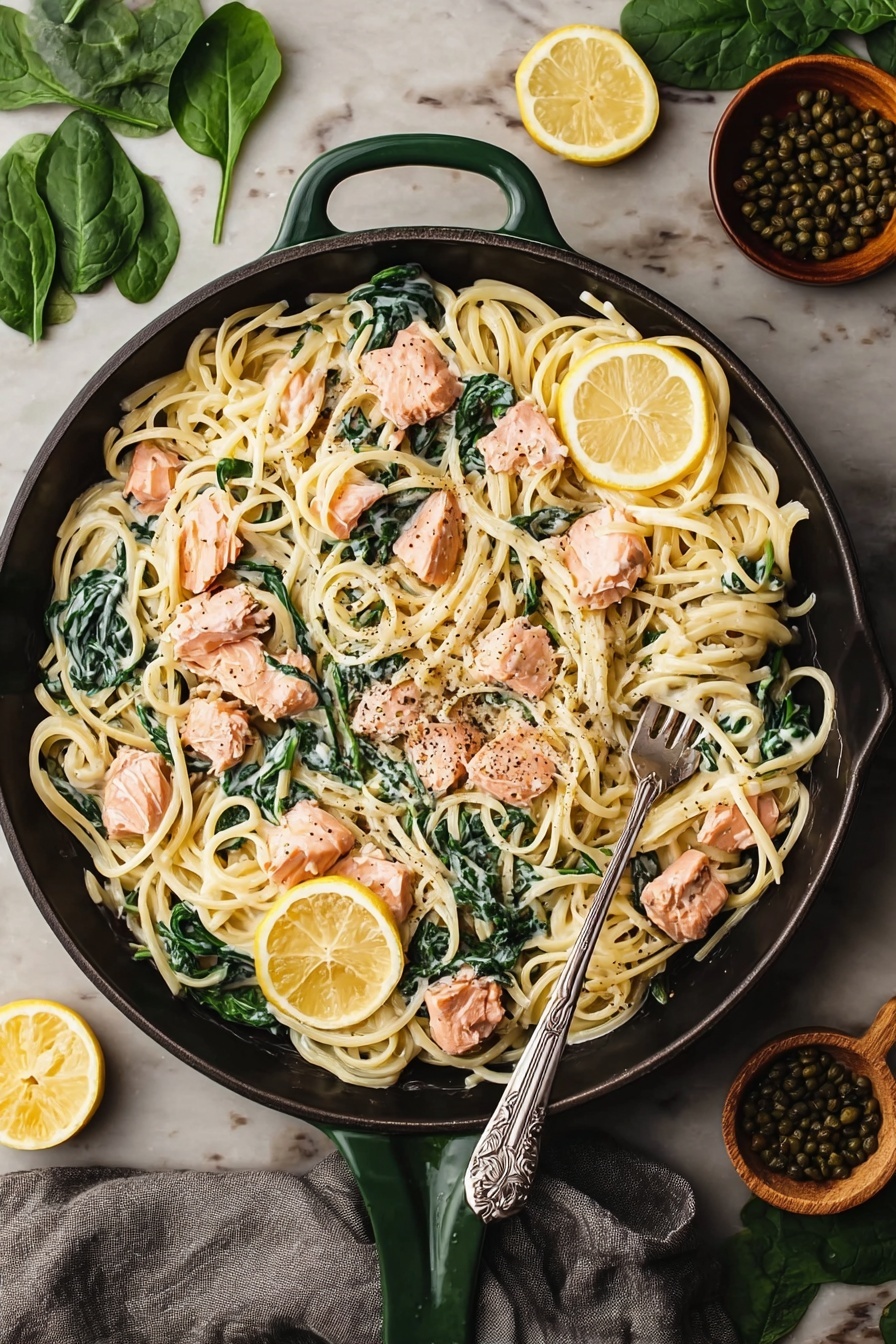 Creamy Salmon Pasta with Spinach, Creamy Salmon Pasta, Salmon Pasta recipes, Spinach pasta dishes, Easy seafood pasta - A skillet filled with creamy pasta, showing about three layers: a base of light yellow spaghetti noodles intertwined with bright green spinach leaves, creamy white sauce coating the pasta evenly, and scattered pieces of cooked pink salmon chunks with black pepper on top. There are three thin slices of lemon placed on one side of the skillet. A silver fork rests inside the pasta on the right side. The skillet is a dark cast iron with a green handle, set on a white marbled surface with spinach leaves, lemon slices, and a small bowl of capers around it. A grey cloth is partly visible beside the skillet. photo taken with an iphone --ar 2:3 --v 7