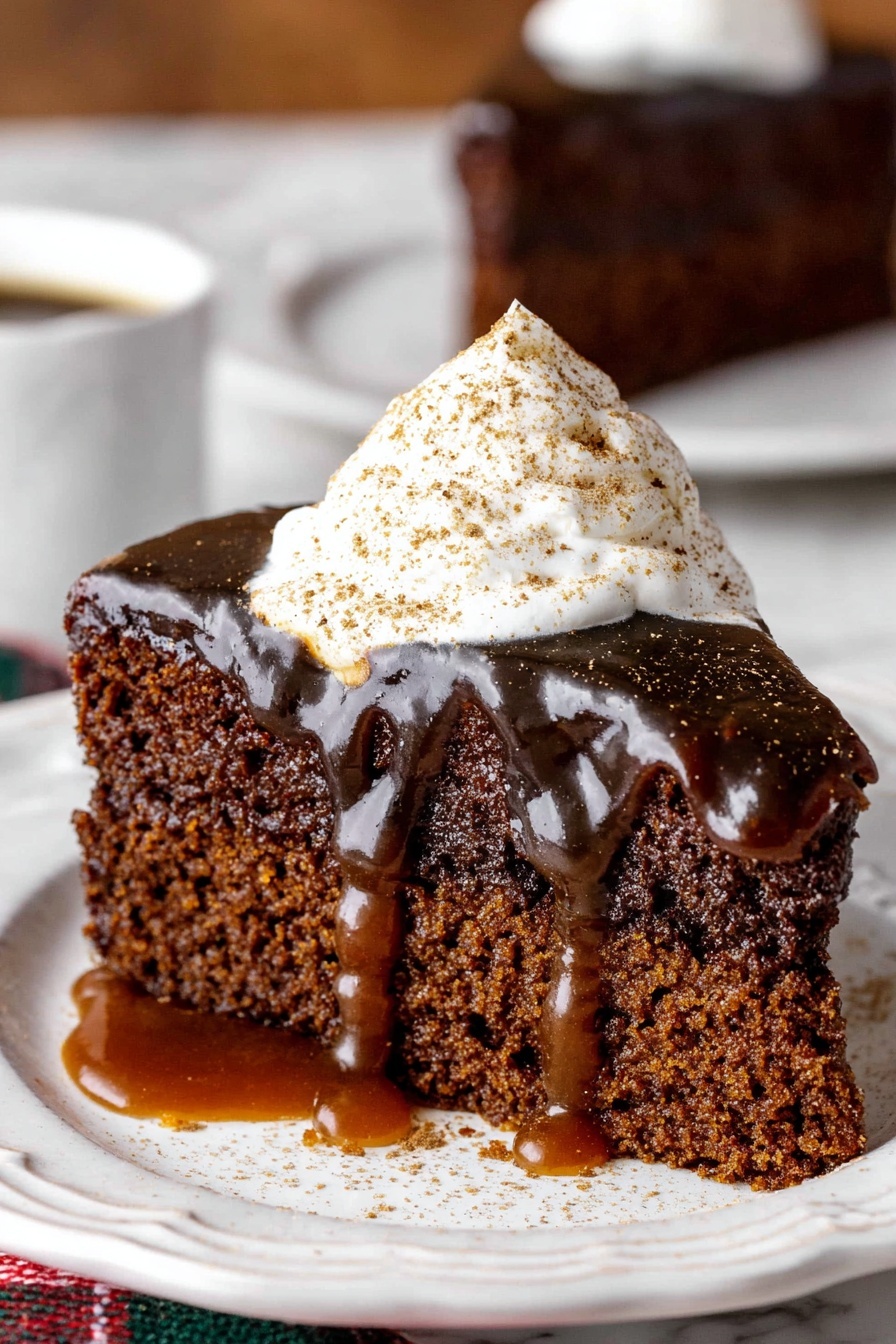 Gingerbread Cake with Butterscotch Sauce, gingerbread cake recipe, spiced gingerbread dessert, moist gingerbread cake, easy holiday gingerbread cake - A dark brown moist cake slice sits on a white plate with a decorative edge placed on a white marbled surface. The cake has two visible layers of rich texture, topped with a glossy layer of dark caramel sauce that drips down the sides. On top of the caramel is a generous dollop of white whipped cream sprinkled with a light dusting of brown spice. In the blurred background, another slice of the same cake is on a white plate. Photo taken with an iphone --ar 2:3 --v 7