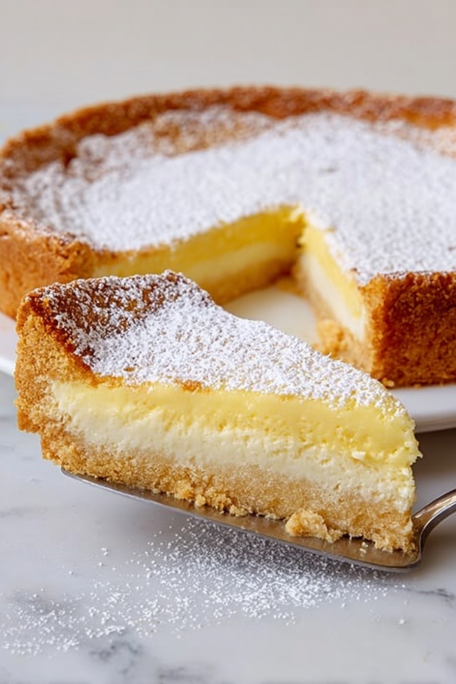 Ooey Gooey Cream Cheese Cake, cream cheese cake, gooey dessert recipes, easy cream cheese cake, indulgent cake recipes - The image shows a tart with two layers: a thick, crumbly golden-brown crust on the bottom and sides, and a smooth, pale yellow creamy filling on top. The top of the tart is dusted with a light layer of powdered sugar. A slice is being lifted from the tart with a silver spatula, revealing the filling's soft texture and the crust’s firm structure. The tart is on a white plate, placed on a white marbled surface. Photo taken with an iphone --ar 2:3 --v 7