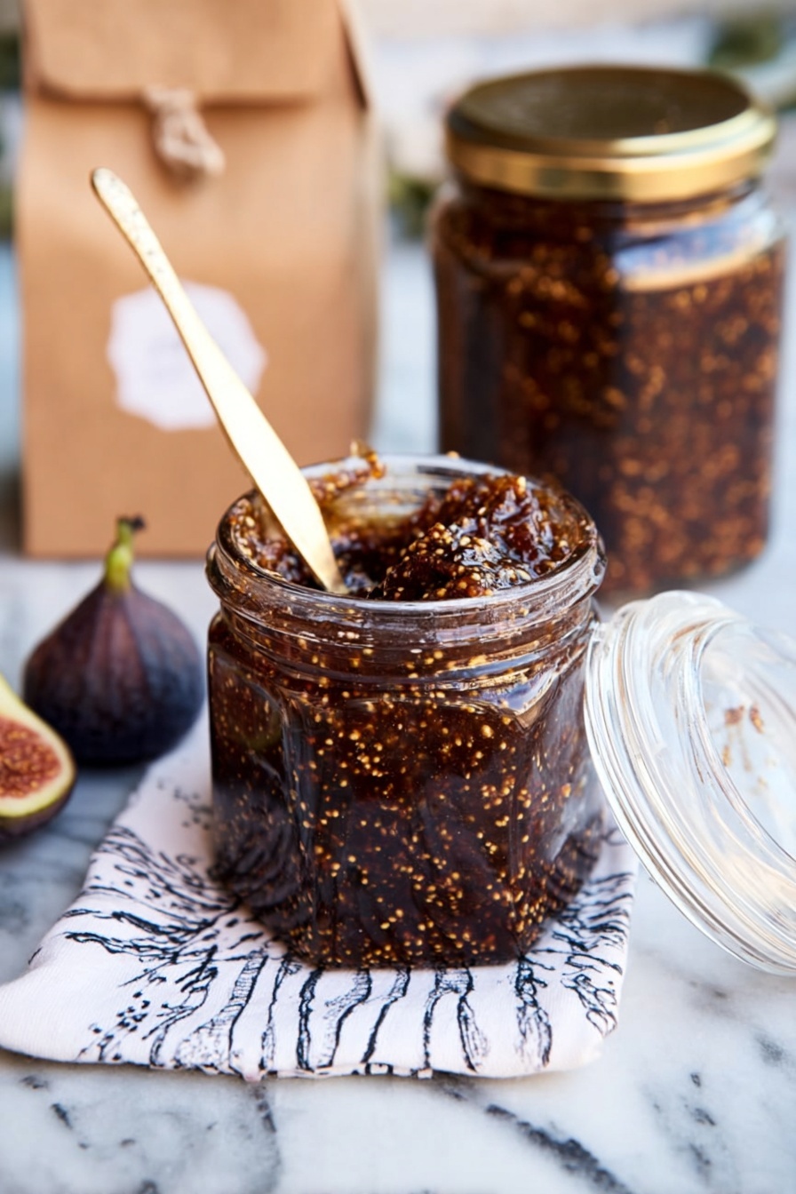 Easy Fig Chutney, fig chutney recipe, quick fig chutney, homemade fig condiment, sweet and tangy fig chutney - The image shows a small glass jar filled with dark brown fig jam mixed with visible yellow seeds spread throughout. A gold butter knife rests inside the jar, coated with the jam, and the jar's glass lid is open and resting to the side. Behind the jar, there is another similar jar also filled with fig jam. On the left, two whole dried figs lean against a brown paper bag with a small label. The scene sits on a white marbled surface with a white cloth that has black and blue patterns under the jar. The photo taken with an iphone --ar 2:3 --v 7