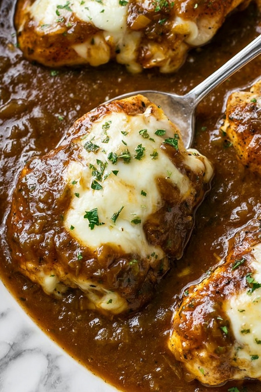 French Onion Chicken Bake, easy chicken dinner, comforting chicken recipes, caramelized onion chicken, baked chicken with cheese - The image shows several pieces of golden-brown cooked chicken covered in melted white cheese on top. The chicken is smothered in a thick, dark brown sauce with visible small bits of onion and herbs, giving it a rich and shiny texture. The sauce pools around the chicken, making the dish look moist and flavorful. Small green parsley pieces are sprinkled across the top for color contrast. A silver spoon is slightly dipped into the sauce near the top right corner. The whole scene is set against a white marbled texture background. photo taken with an iphone --ar 2:3 --v 7