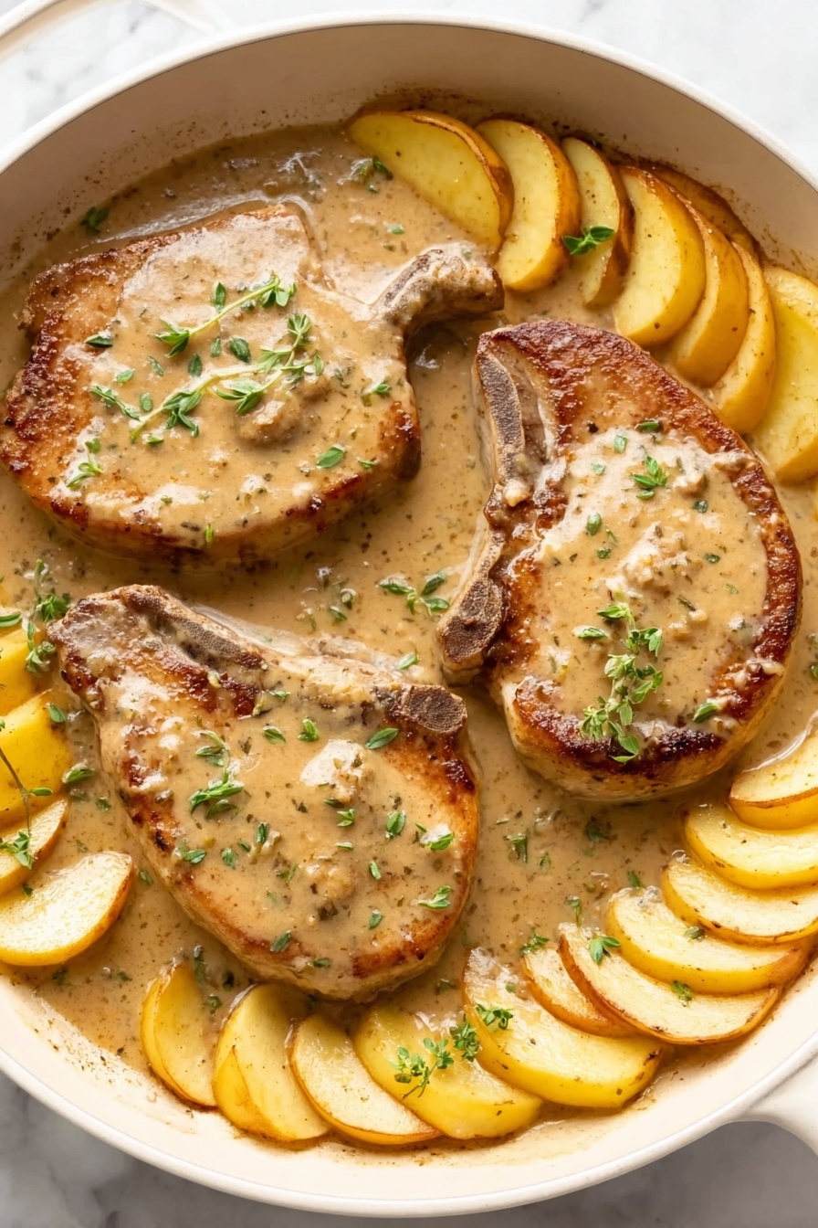 Apple Pork Chops with White Wine Sauce, pork chop recipes with apples, easy pork chop dinner, flavorful pork chop recipes, white wine pork dishes - A white pan holds three pork chops covered with a creamy light brown sauce sprinkled with small green herbs. Around the pork chops, there are curved, golden yellow apple slices arranged in a ring touching the edge of the pan. The sauce looks smooth and thick, lightly coating the meat and apples. The whole scene is set on a white marbled surface. photo taken with an iphone --ar 2:3 --v 7