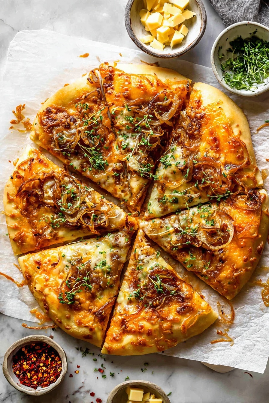 Pumpkin Gouda Pizza with Caramelized Onions, Pumpkin Gouda Pizza, Fall Pizza Recipes, Gourmet Pizza Ideas, Cozy Pumpkin Pizza - A round pizza cut into eight slices rests on parchment paper over a white marbled surface. The pizza has a golden brown crust with a thick layer of melted light yellow cheese on top. There is a vibrant orange sauce spread unevenly in patches beneath the cheese. Thin, soft caramelized onions with a light brown color are scattered generously across the entire pizza. Fresh green herb bits are sprinkled lightly over the pizza’s surface. Around the pizza, small bowls hold red chili flakes, fresh green herbs, and chunks of yellow cheese. The photo taken with an iphone --ar 2:3 --v 7