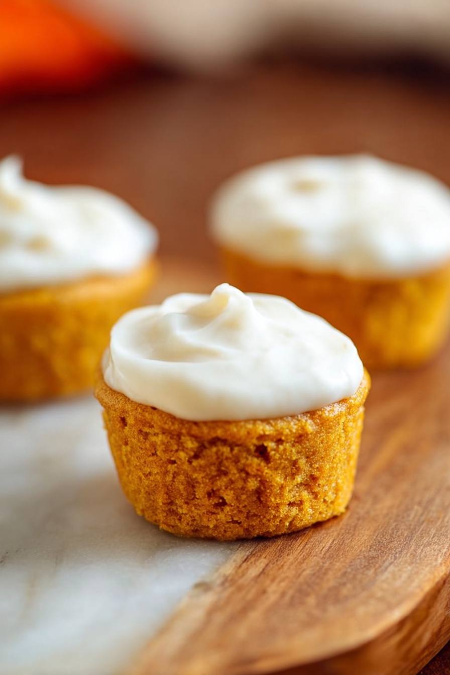 Flourless Pumpkin Muffins, gluten-free pumpkin muffins, healthy fall muffins, pumpkin breakfast treats, easy pumpkin muffin recipe - Three small round cupcakes sit on a wooden surface with a white marbled texture. Each cupcake has one layer of golden orange cake with a soft crumb texture. On top of each cake, there is a smooth layer of white frosting spread evenly. The focus is on the closest cupcake in the front center, with the other two slightly blurred in the background. photo taken with an iphone --ar 2:3 --v 7