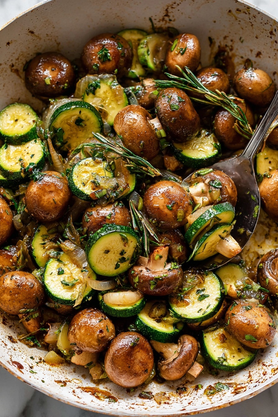 Skillet Zucchini and Mushrooms, healthy vegetable stir-fry, quick zucchini mushroom dish, easy veggie skillet recipe, versatile weeknight dinner - The image shows a pan full of cooked mushrooms and zucchini slices mixed with small bits of onion and herbs. The mushrooms are golden brown and round, some whole and some with the tops showing a soft, textured surface. The zucchini slices are curved half-moons with a bright green skin and light green inside. Small green herbs are sprinkled all over, with a few whole twig-like herbs placed on top. The vegetables look moist and shiny with a slight oily glaze. The pan is white with a few brown cooked bits sticking to the sides, sitting on a white marbled surface. A silver spoon is scooping some of the mix from the pan. photo taken with an iphone --ar 2:3 --v 7