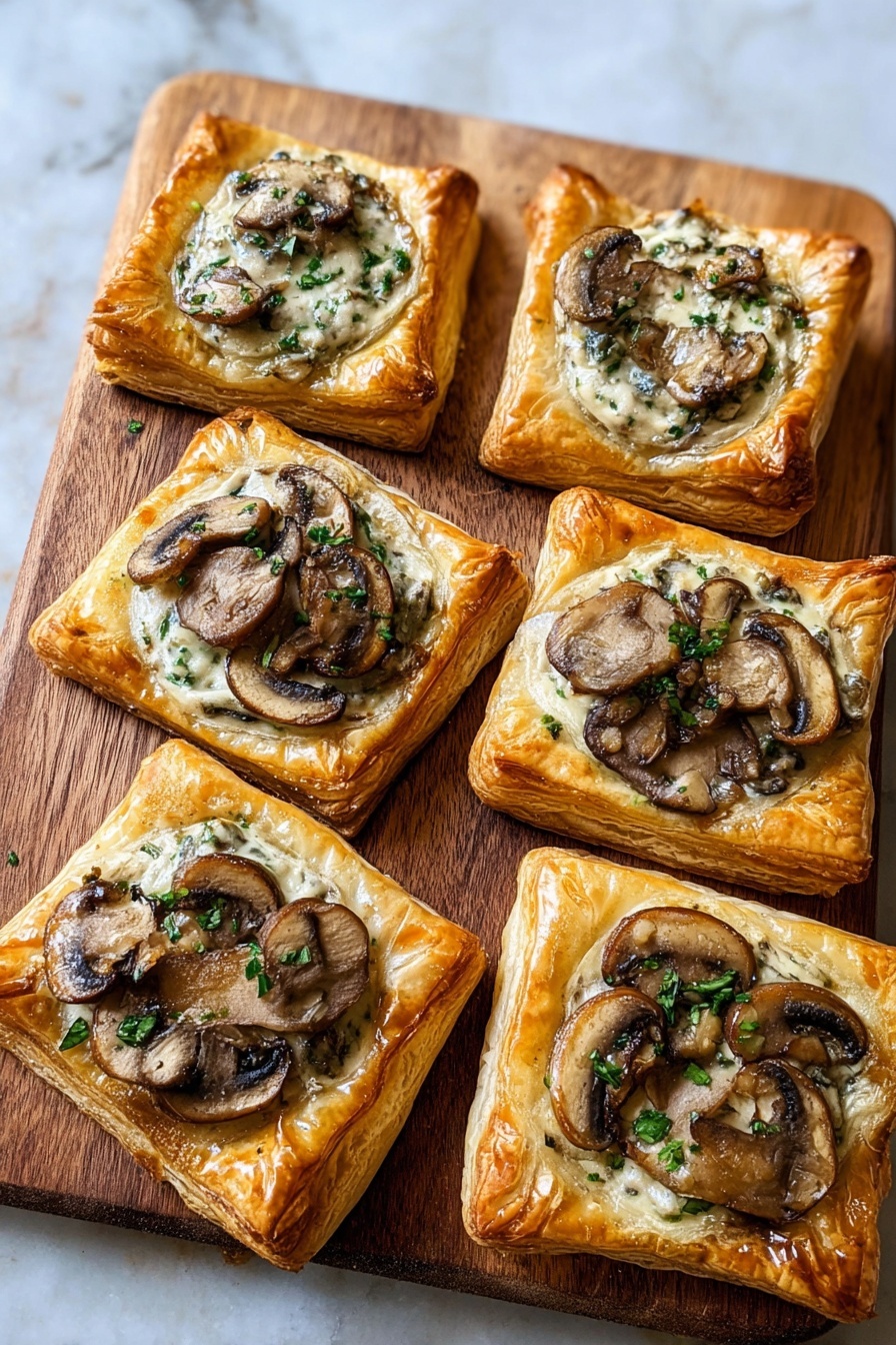 Mushroom and Goat Cheese Puff Pastry Tarts, Mushroom and Goat Cheese Appetizers, Savory Puff Pastry Tart Recipes, Easy Mushroom Tart Ideas, Gourmet Mushroom and Goat Cheese Bites - Two square-shaped pastries sit on a wooden board with crispy, puffed, golden-brown edges. Each pastry has one main layer of creamy sauce mixed with chopped herbs, topped with thick slices of cooked mushrooms that are dark brown with a slightly glossy texture. The pastries have a soft, flaky base that is light beige inside, contrasting with the darker mushroom topping. The wooden board underneath is smooth with natural grain. photo taken with an iphone --ar 2:3 --v 7
