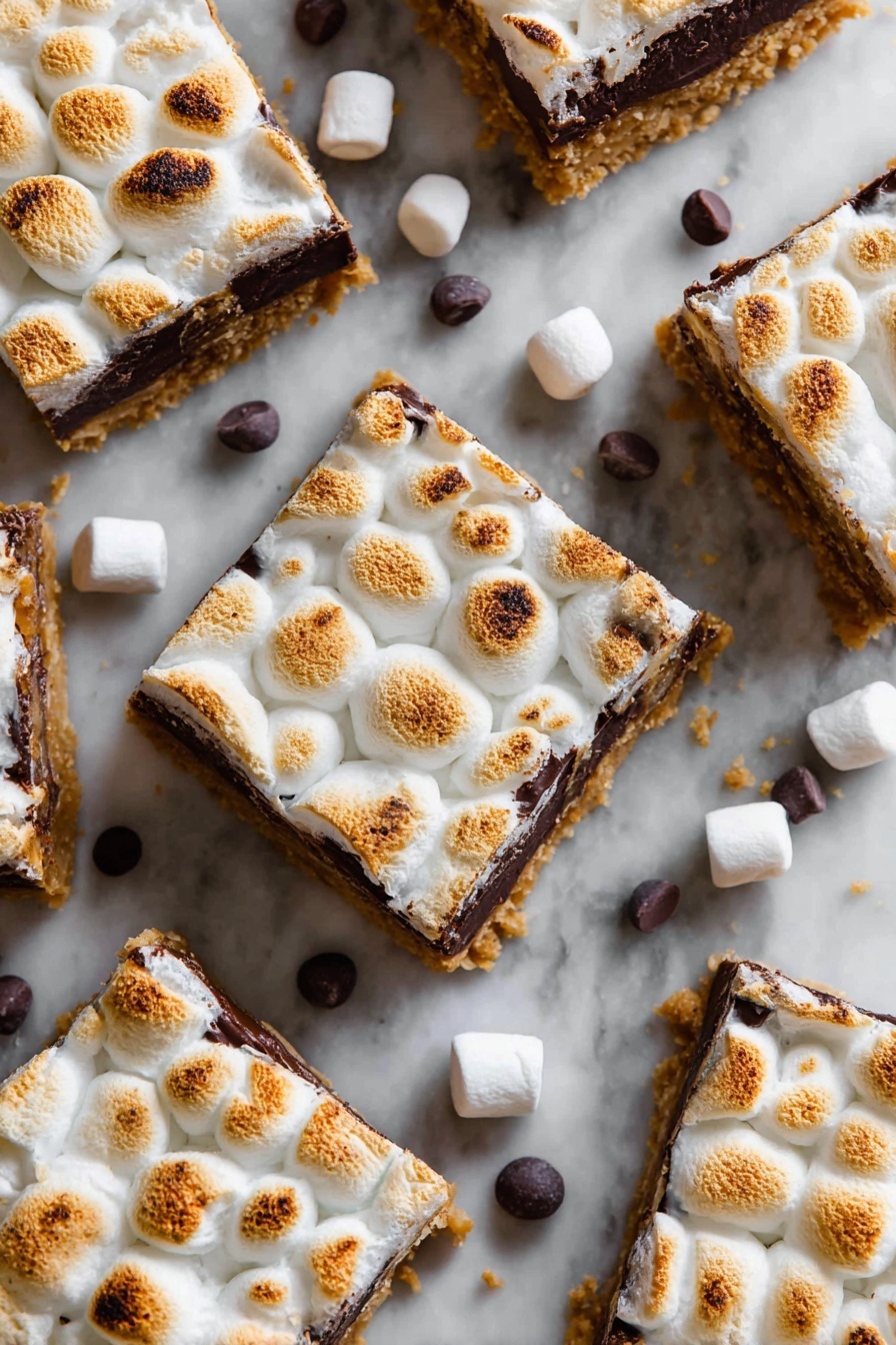 Classic S'more Bars, S'mores dessert, easy s'mores recipe, chocolate marshmallow bars, campfire treat - The image shows several square dessert bars arranged on a white marbled surface. Each bar has three visible layers: a crumbly, golden brown base at the bottom, a thick middle layer of melted dark chocolate, and a top layer of toasted marshmallows that are puffed and golden with light browning on the edges. Scattered around the bars are some whole marshmallows and chocolate chips adding to the scene. The dessert pieces are neatly cut with clear edges, showing the distinct layers clearly photo taken with an iphone --ar 2:3 --v 7
