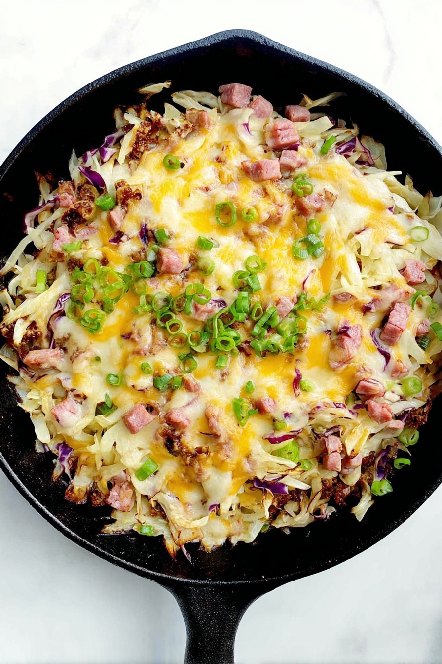 Keto Reuben Bowl with Corned Beef, Keto Reuben Bowl recipe, low-carb Reuben Bowl, easy keto lunch ideas, gluten-free Reuben bowl - A black cast iron pan filled with a layered dish that has a base of shredded white and purple cabbage, topped with small pieces of pinkish cooked meat, and melted patches of cheddar and mozzarella cheeses scattered evenly across the surface. Bright green chopped spring onions are sprinkled on top, adding contrast. The texture looks soft and gooey with the melted cheese blending into the cabbage and meat. The pan rests on a white marbled surface. photo taken with an iphone --ar 2:3 --v 7