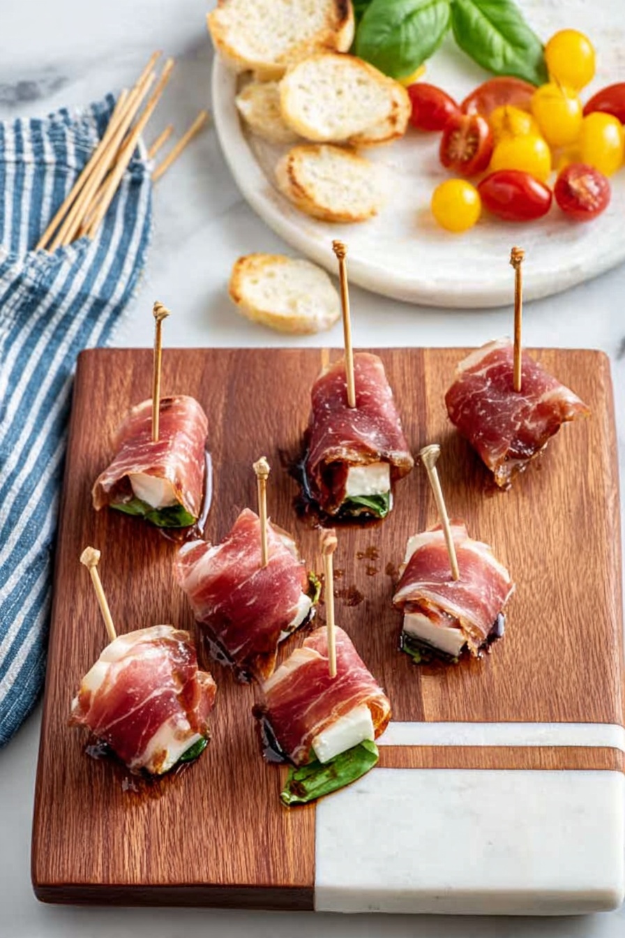 Prosciutto Mozzarella Bites with Basil, prosciutto appetizer, easy finger food, elegant party snacks, fresh basil appetizer - The image shows a wooden cutting board with several thin slices of pink prosciutto piled on the left side. On the right side of the board, there are two small appetizer pieces, each with a square white base layer topped with a green layer and wrapped with a thin slice of prosciutto, held together by a small toothpick with a looped top. The cutting board is placed on a white marbled surface. Part of a white bowl with small white round items is visible in the top left corner, and a white bowl with green leaves is in the top right corner. A woman's hand is reaching towards the board from the bottom right. Photo taken with an iphone --ar 2:3 --v 7