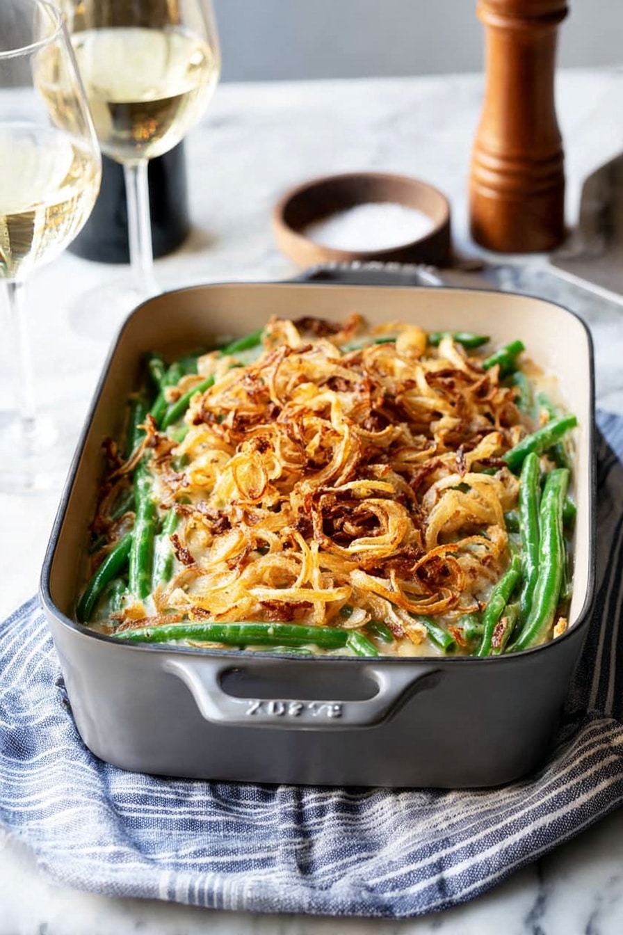 Creamy Mushroom Green Bean Casserole with Crispy Onions, green bean casserole, mushroom side dish, holiday green bean casserole, crispy onion casserole - A rectangular gray casserole dish filled with a layered green bean casserole sits on a white marbled surface with a blue and white striped cloth beneath it. The bottom layer consists of fresh, bright green beans arranged evenly, topped with a thick layer of creamy sauce mixed with the beans, and the top layer shows golden brown, crispy fried onions scattered generously, some darker and some lighter in color creating a textured look. In the background, there is a clear glass of white wine, a bottle, a wooden pepper grinder, and a small bowl of salt, all resting on the same white marbled surface. The dish looks warm and ready to serve. photo taken with an iphone --ar 2:3 --v 7