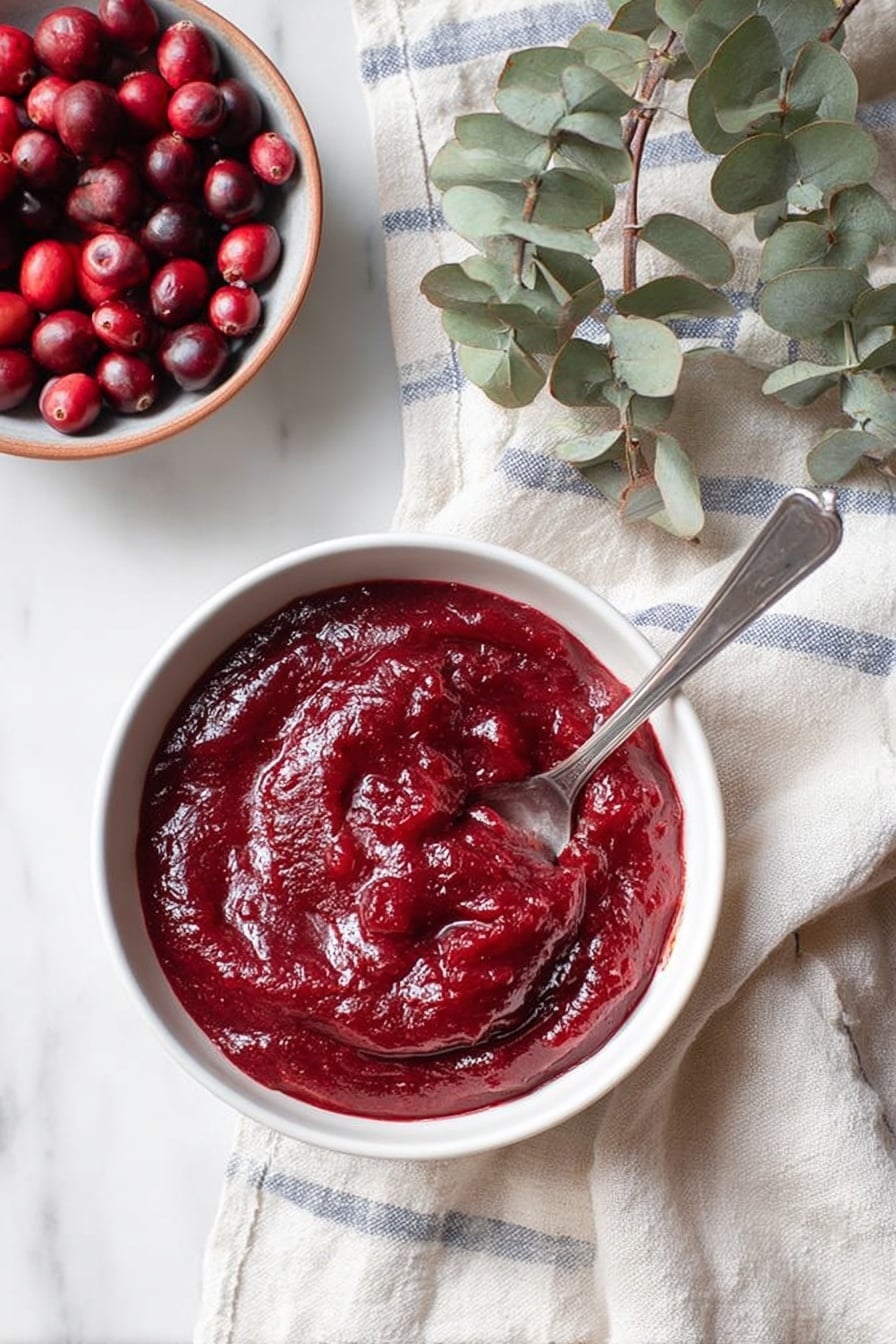 Sweet and Tangy Cranberry Sauce with Maple and Orange Zest, holiday cranberry sauce, homemade cranberry sauce recipe, fresh orange cranberry sauce, easy cranberry sauce - A white bowl filled with smooth, thick red cranberry sauce with a shiny texture and some small visible cranberry pieces inside; a silver spoon rests partially inside the sauce, its handle sticking out to the top right. Next to the bowl, on the left side, is a white bowl with whole cranberries, round and shiny, ranging from dark to bright red. A green eucalyptus branch is seen in the upper right background, resting on a white marbled surface covered with a soft white cloth and a beige cloth with blue stripes. Photo taken with an iphone --ar 2:3 --v 7