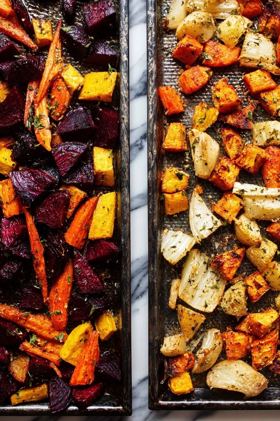 Roasted Root Vegetables with Crispy Sage and Sage Oil, autumn vegetable side dish, crispy sage garnish, sage infused oil, healthy roasted vegetable recipe - The image shows two baking trays side by side filled with roasted vegetables. The left tray contains roughly chopped pieces of beets in dark purple, carrots in bright orange, and yellow beets, all mixed and sprinkled with herbs and seasoning, with a slightly shiny roasted texture. The right tray features a mix of golden brown roasted sweet potatoes, white parsnips, and beige root vegetables, all cut into irregular chunks and coated with herbs and spices giving a caramelized look. Both trays have a metal texture underneath the vegetables and are placed on a white marbled surface. Photo taken with an iphone --ar 2:3 --v 7