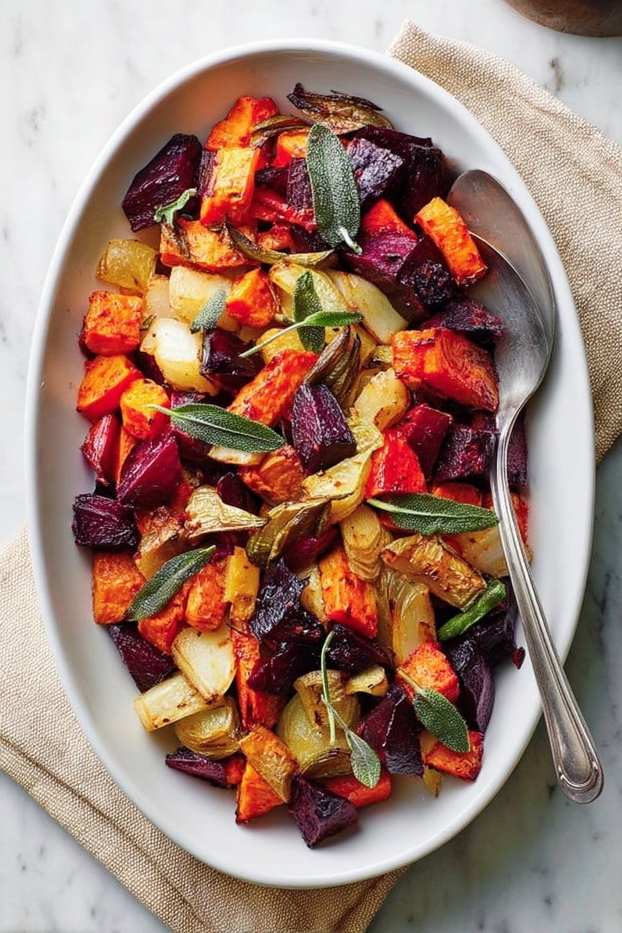 Roasted Root Vegetables with Crispy Sage and Sage Oil, autumn vegetable side dish, crispy sage garnish, sage infused oil, healthy roasted vegetable recipe - A white oval dish filled with a colorful mix of roasted vegetables in layers: bright orange sweet potato chunks, deep purple beet pieces, caramel-colored parsnip slices, and pale beige root vegetable bits, all mixed together and garnished with fresh green sage leaves scattered on top. A silver spoon rests on the right side of the dish, and a light beige napkin is tucked under the spoon. The background is a white marbled surface. Photo taken with an iphone --ar 2:3 --v 7