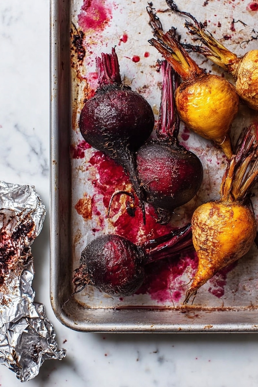 Roasted Beets, beet roasting tips, easy beet recipes, healthy roasted vegetables, simple beet side dish - The image shows a metal baking tray on a white marbled surface, holding six roasted root vegetables. There are three deep purple-red beets on the left and three golden-yellow beets on the right, each with rough, slightly charred skin and stems attached. The tray has splatters of red beet juice around the vegetables. In the bottom left corner, a crumpled piece of aluminum foil with dark red stains is visible. Photo taken with an iphone --ar 2:3 --v 7