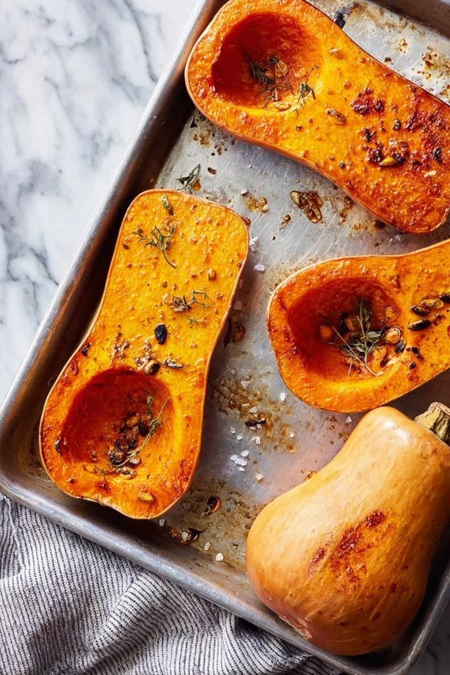 Roasted Honeynut Squash with Whipped Ricotta and Walnut Garnish, healthy fall squash recipes, cozy roasted squash side dish, easy autumn vegetable recipes, elegant appetizer recipes for fall - The image shows a metal baking tray with four pieces of roasted butternut squash on it. Three halves of squash are empty inside, showing orange, slightly caramelized flesh with dark roasted seeds and small black herb pieces scattered over them. One whole squash piece remains uncut and roasted, with a light brown skin, small black pepper spots, and some oil glistening on it. The tray has small browned oil spots and some salt crystals. Under the tray is a grey and white striped cloth, and the background is a white marbled texture. photo taken with an iphone --ar 2:3 --v 7
