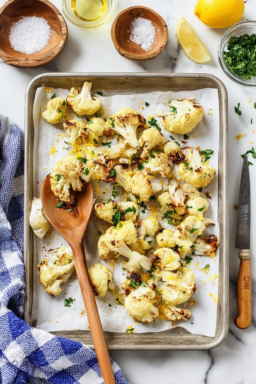 Roasted Cauliflower with Lemon, Parsley, and Parmesan, roasted cauliflower side dish, lemon parmesan cauliflower, easy vegetable side, healthy roasted cauliflower - A white baking tray is filled with golden brown roasted cauliflower pieces, each lightly charred at the edges with a crispy texture. Small green herb bits, likely parsley, are scattered evenly over the cauliflower, adding a fresh pop of color. A round, wooden spoon holds a few cauliflower pieces near the top left of the tray. The scene rests on a white marbled surface, with a touch of golden yellow from a dish partially visible to the right. photo taken with an iphone --ar 2:3 --v 7