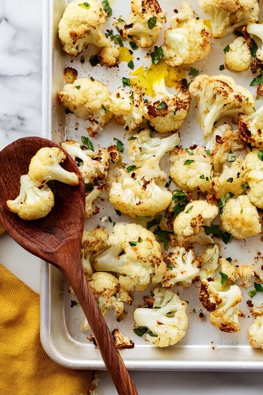 Roasted Cauliflower with Lemon, Parsley, and Parmesan, roasted cauliflower side dish, lemon parmesan cauliflower, easy vegetable side, healthy roasted cauliflower - The image shows many pieces of roasted cauliflower scattered on a white marbled surface. The cauliflower has a light golden brown color with some darker roast spots, giving it a slightly crispy look. Small bits of green herbs and tiny orange zest pieces are sprinkled all over the cauliflower, adding color contrast. A wooden spoon lies among the cauliflower pieces, holding one small piece and some herbs. The texture of the cauliflower looks soft inside but crunchy on the outside. The overall scene is bright and fresh. photo taken with an iphone --ar 2:3 --v 7