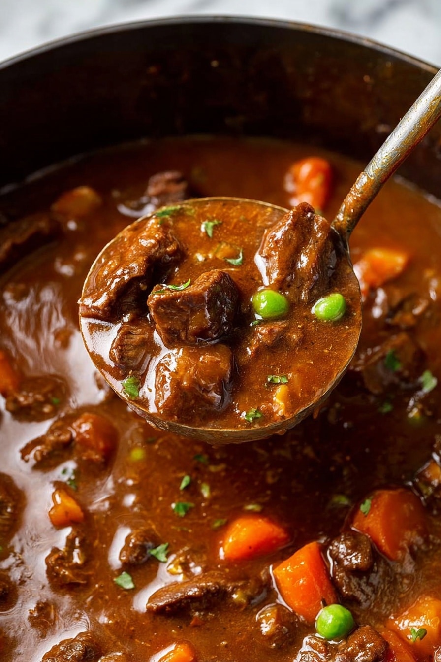 Slow Cooker Beef Stew with Red Wine and Vegetables, comforting beef stew, easy slow cooker recipes, hearty beef stew, cozy dinner ideas - The image shows a thick beef stew with a rich brown sauce, filled with tender dark brown pieces of beef, bright orange chunks of carrots, and a few green peas scattered throughout. In the center, a metal ladle lifts a portion of the stew, fully loaded with the same ingredients, the sauce shiny and smooth with visible herbs. The stew fills the frame, resting on a white marbled surface. photo taken with an iphone --ar 2:3 --v 7