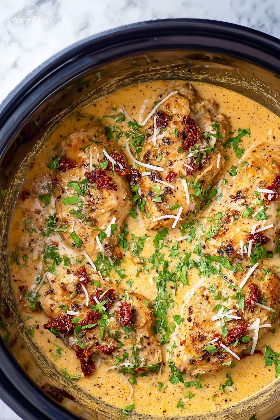Crock Pot Marry Me Chicken, creamy chicken dinner, easy slow cooker chicken recipe, sun-dried tomato chicken, romantic chicken dish - The image shows four cooked chicken pieces in a creamy, thick sauce inside a black pot. The sauce is light orange-yellow with a smooth texture. The chicken pieces are golden brown with some dark red-brown bits on top that look like sun-dried tomatoes or spices. Fresh green herbs, probably chopped parsley or basil, are sprinkled all over the chicken and sauce. There are also thin white shreds, likely grated cheese, spread evenly on top. The pot is placed on a white marbled surface. photo taken with an iphone --ar 2:3 --v 7