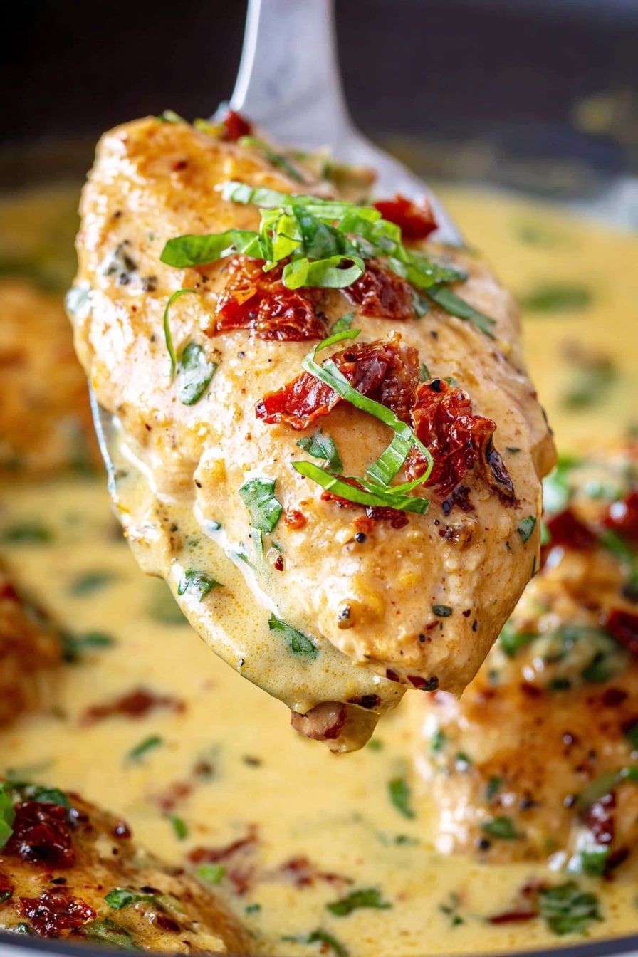 Crock Pot Marry Me Chicken, creamy chicken dinner, easy slow cooker chicken recipe, sun-dried tomato chicken, romantic chicken dish - The image shows a close-up of a single cooked piece of chicken covered in creamy sauce with small bits of sun-dried tomatoes and fresh green herbs on top. The chicken is held above a pan filled with more creamy sauce, with additional pieces of chicken partially visible under the sauce. The sauce is a pale yellow color with bits of tomato and herbs scattered throughout, and the chicken looks tender and juicy with a slightly browned surface. The photo is sharp, with the details of the herbs and sauce texture clear. photo taken with an iphone --ar 2:3 --v 7