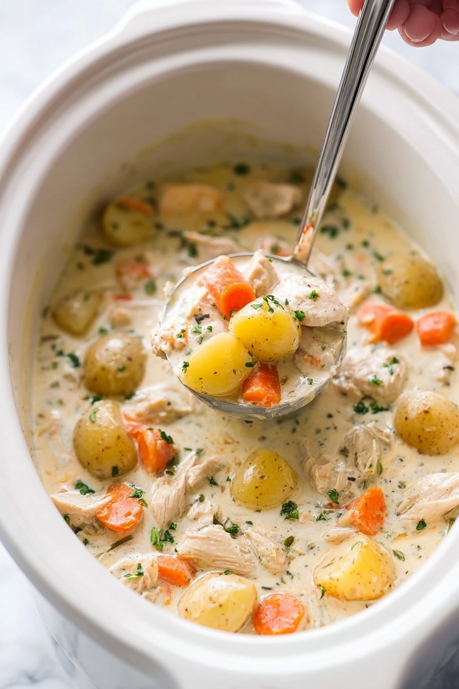 Slow Cooker Garlic Parmesan Chicken Stew, easy Italian chicken stew, creamy chicken slow cooker recipe, hearty chicken stew with garlic and Parmesan, simple weeknight chicken dinner - A white crockpot filled with creamy chicken stew, containing chunks of white chicken meat, small yellow potatoes, orange carrot slices, and small bits of green herbs scattered throughout, the stew has a thick light cream-colored broth, a woman's hand is holding a silver ladle lifting a portion of the stew above the pot, showing the layers of chicken, potatoes, and carrots in the thick sauce, the background and surface are white marbled texture photo taken with an iphone --ar 2:3 --v 7